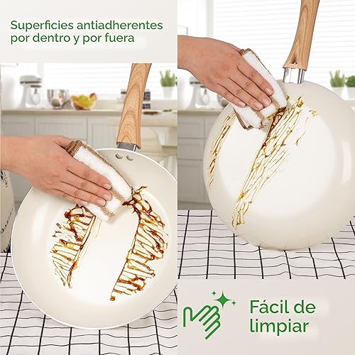 Miniatura 5 de Juego de 23 ollas y sartenes antiadherentes, con sartén, cacerola, sartén, juego de cocina ligero con asas de impresión de madera que se mantienen