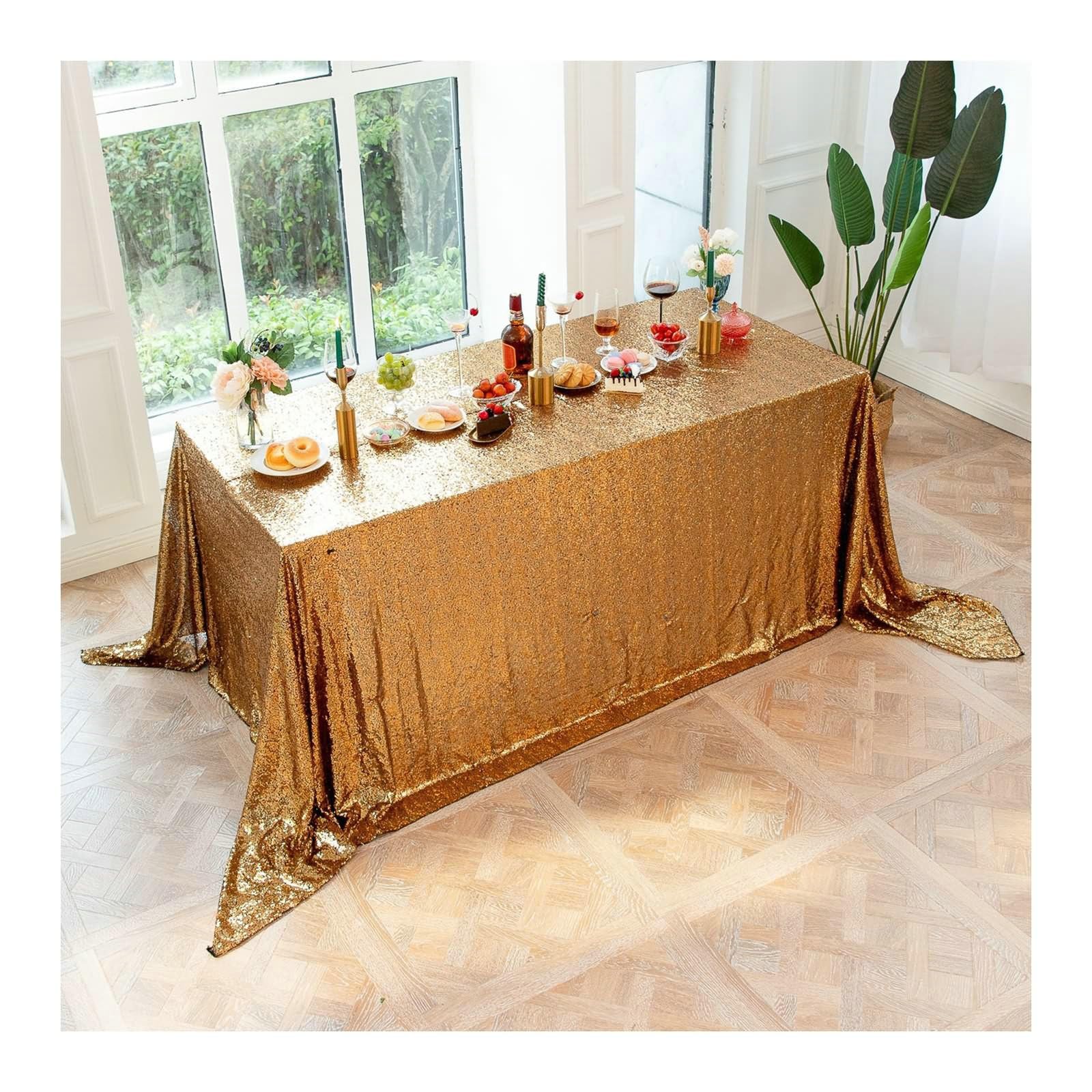 Gualiy Manteles Tela Mesa Rectangular, Poliéster Mantel de Fiesta 153x260CM Mantel Antimanchas Salon Lentejuelas de Color Sólido Manteles para Mesa Cocina, Oro Negro
