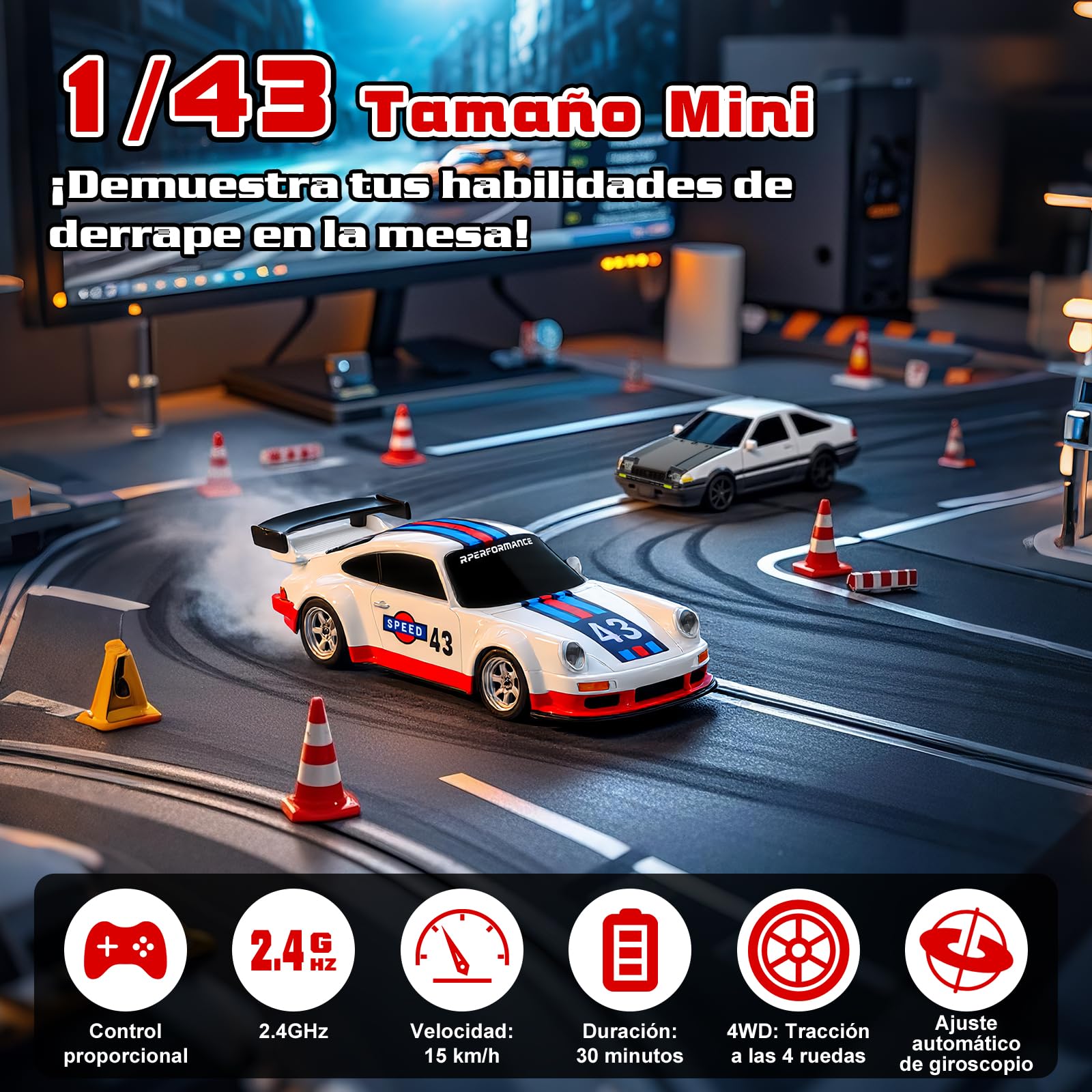 Joellfuner Coche Teledirigido Drift, 1:43 Mini Drift RC Car, 4WD Coche Radiocontrol con Kit Barricada y Luces LED, 15km/h, Coche Teledirigido de Juguete para Niños Mayores de 14 Años (Gyroskop)
