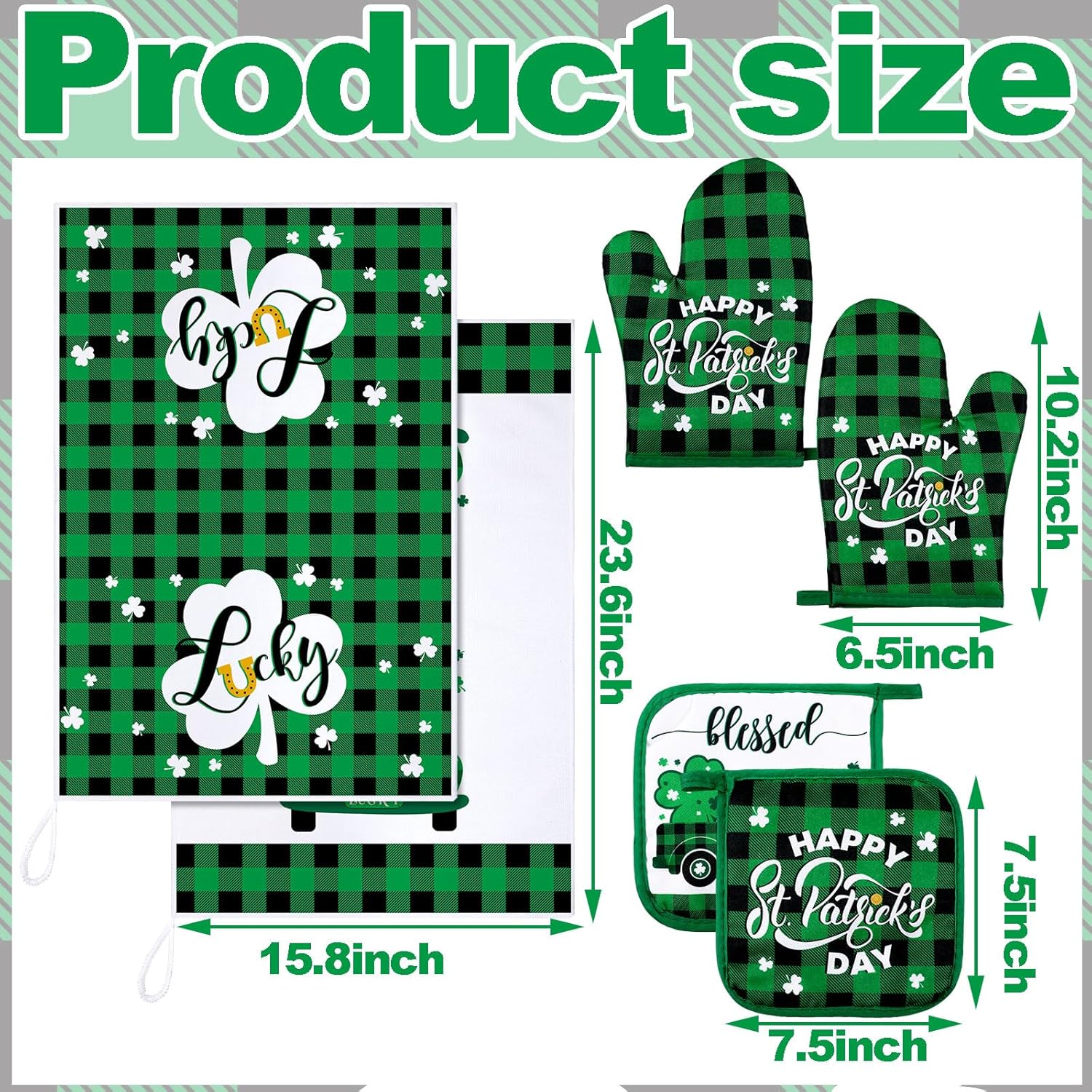 Bencailor 6 Pcs St. Patrick's Day Kitchen Decor Set Kitchen Towels Oven Mitts Pot Holder Irish Shamrocks Leprechauns Gnome Lucky Party Gifts Decorations for Home Housewarming - Image 3