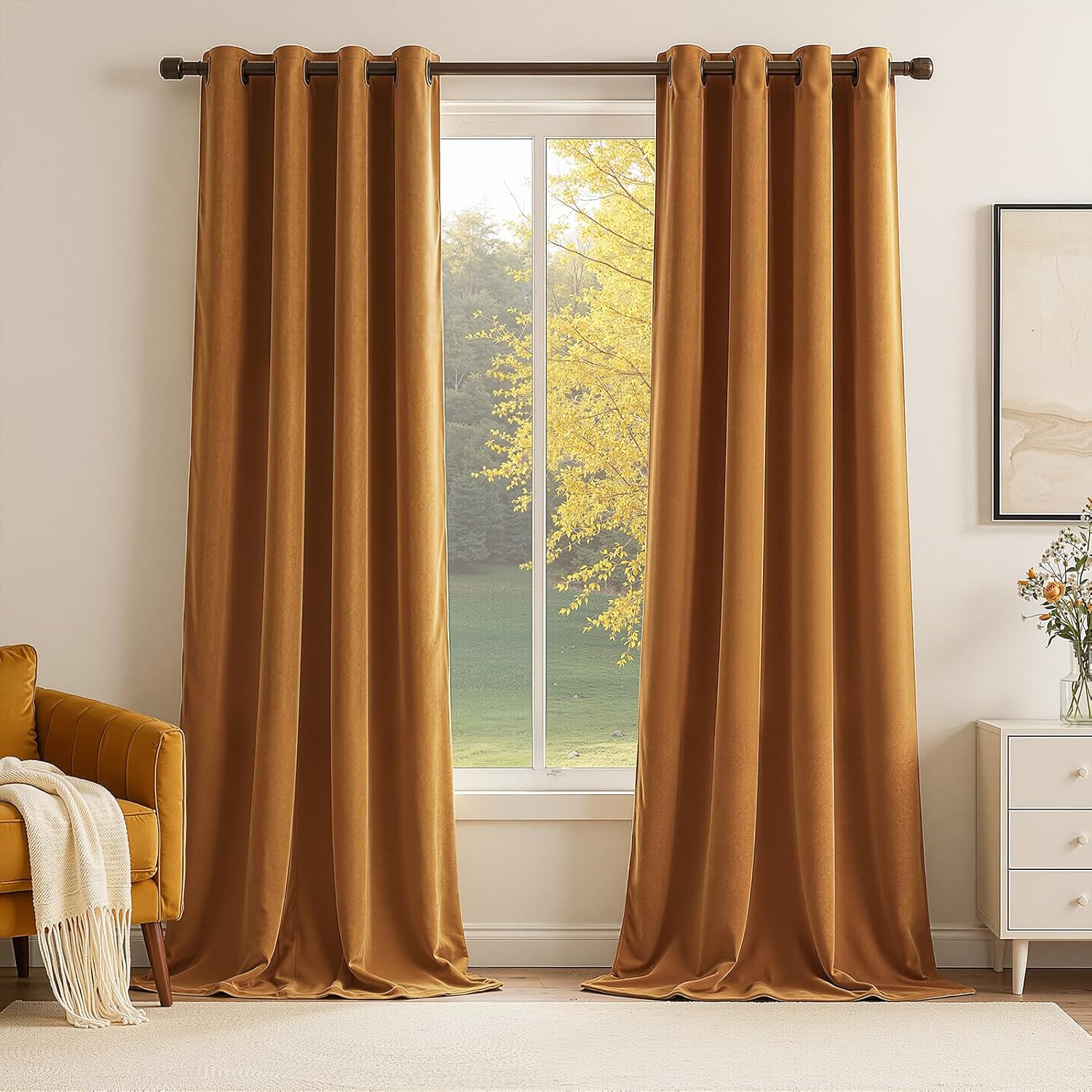 Topfinel Velvet Blackout Curtains Gold Brown Room Darkening Soundproof Insulated Curtains 84 Inch Long,Mordern Luxury Drapes for Living Room,Thick Grommet Drapes 2 Panels Christmas Winter Decor