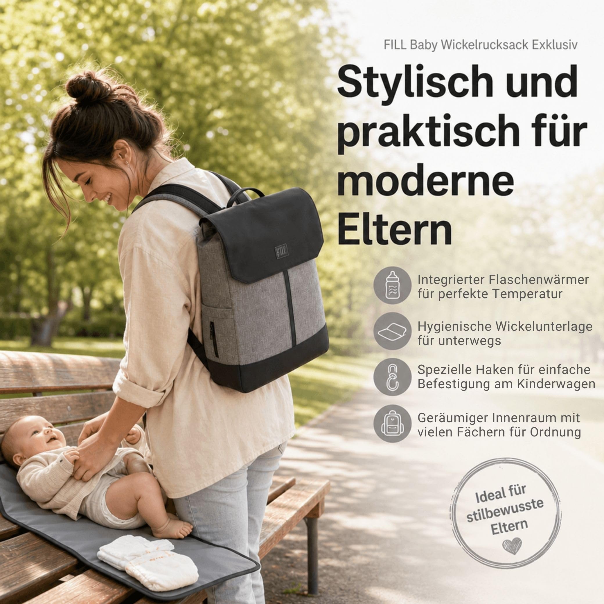 FILL Baby Wickelrucksack Exklusiv | Grosse Wickeltasche Mama Rucksack mit Flaschenwärmer und Wickelunterlage | Babyreisetasche Reisetasche für Unterwegs | Multifunktionale Babytasche