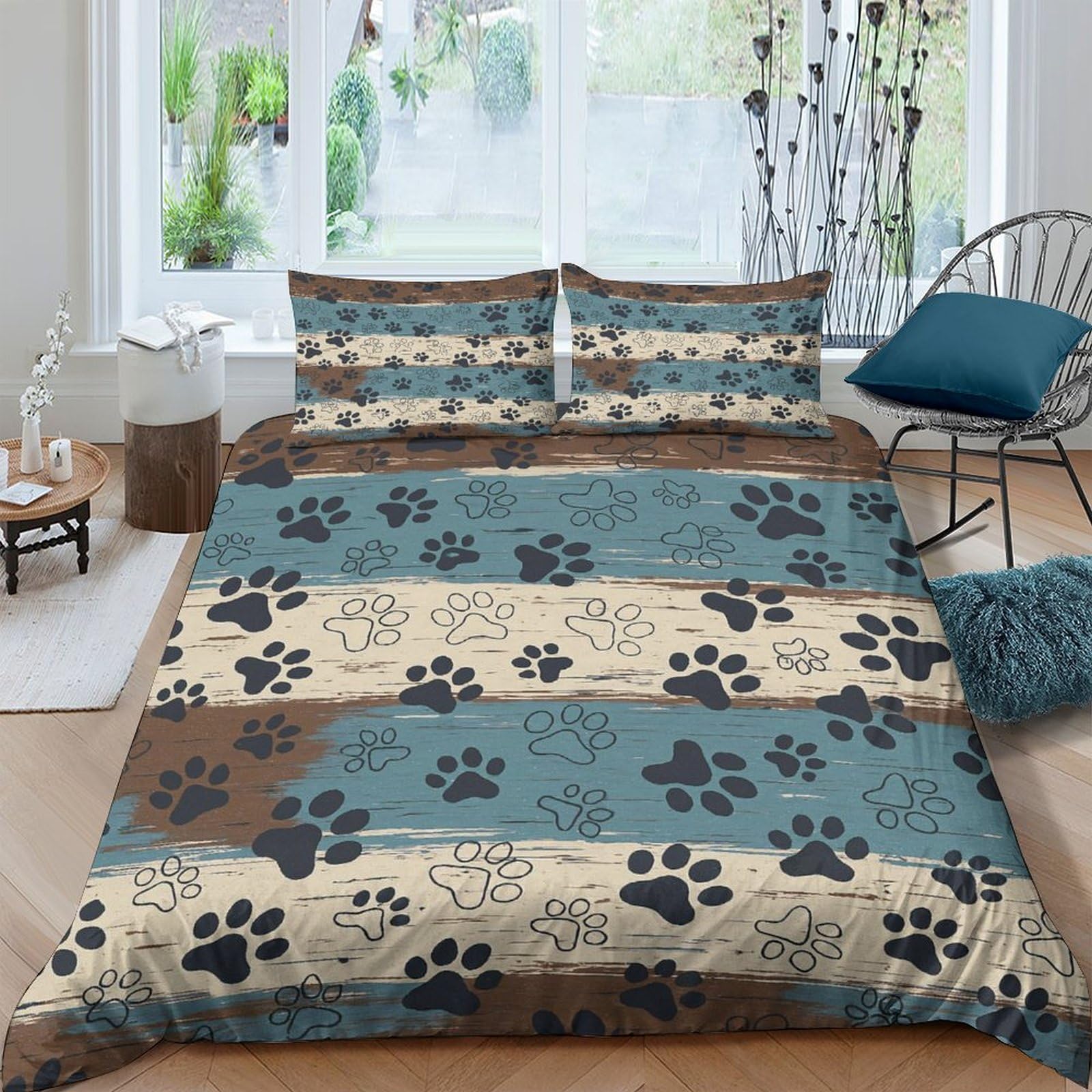 GPLZQXKJNH 3D Printed Paw Print Duvet Cover Set Microfiber Soft Breathable Stripes Bedding with 2 Pillowcases for Bedroom Decor Single（135x200cm）