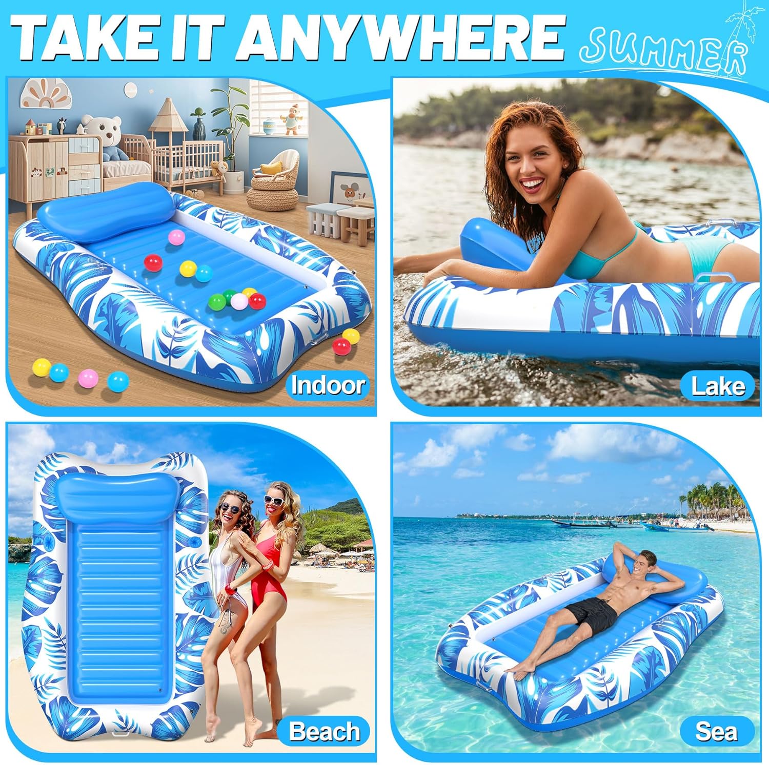LanAqua Inflatable Tanning Pool, Large Tanning Pool Lounger Float for Adults with Removable Head Rest, Sunbathing Tanning Pool Float with Cup & Phone Holders, Blow Up Tanning Pool Bed