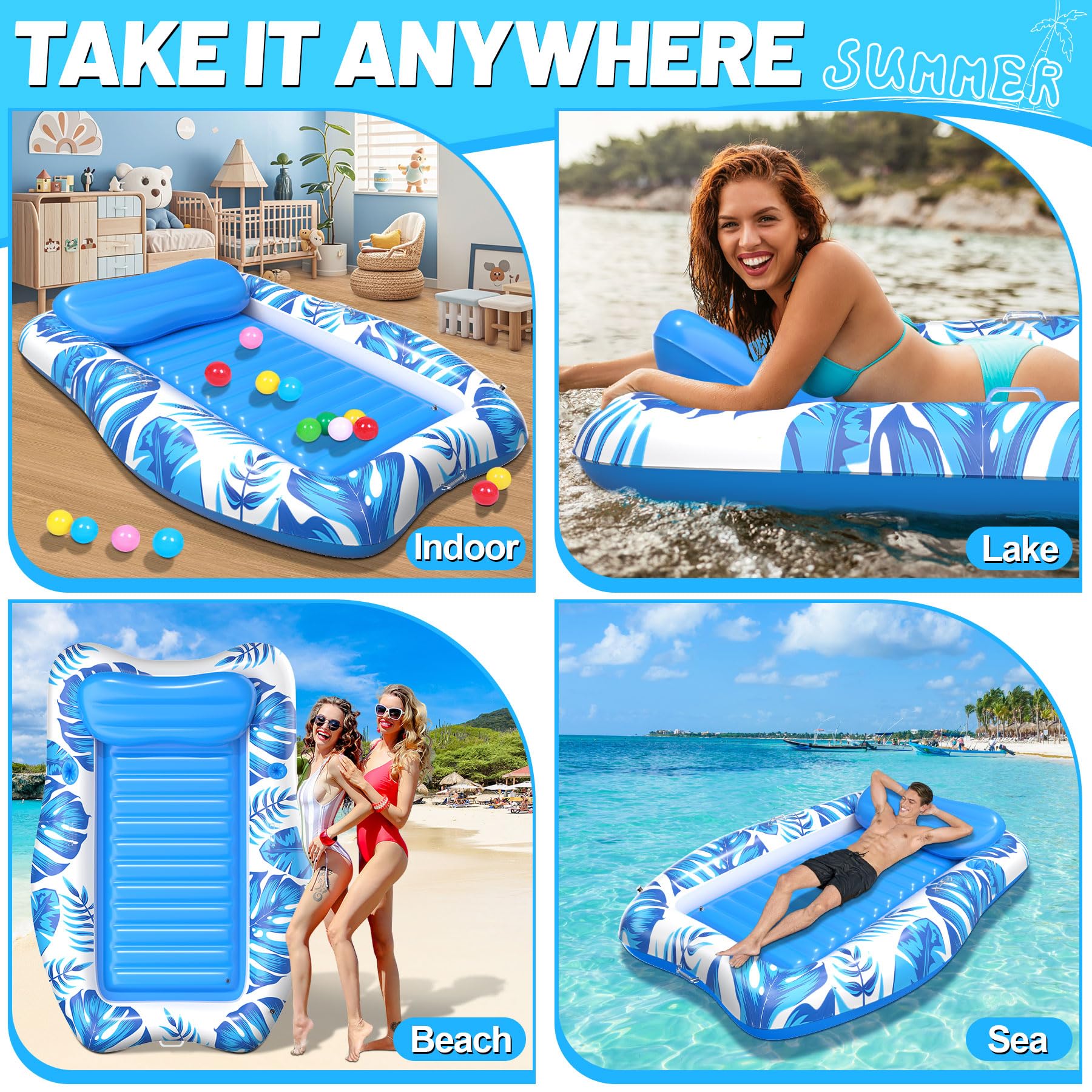 DeeprBling Luftmatratze Pool Erwachsene, Große Luftmatratze Wasser mit Aufblasbare Kissen, Getränkehalter & Telefonhalter, Aufblasbarer Sonnenpool, Verdickte Pool Matratze Erwachsene zum Sonnenbaden