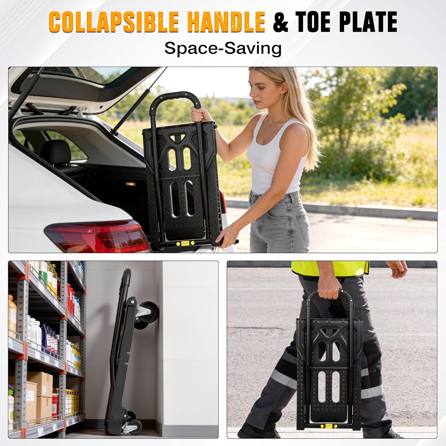 Folding Hand Truck with 4-Wheel Mode, 2 in 1 Collapsible Push Cart & Fold-Up Toe Plate – 300lbs Heavy Duty Dolly Pull Cart with Wheels Portable Hand Truck for delivery, Warehouse & Moving