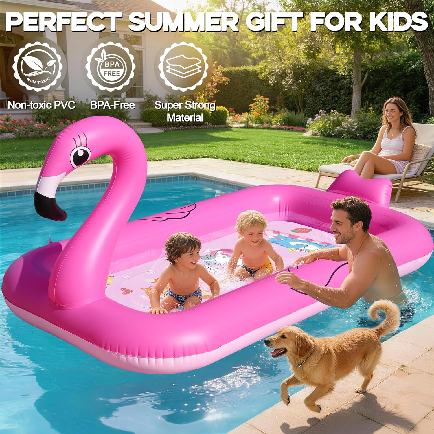 FluSing Splash Pad for Toddlers, Flamingo Splash Pad Sprinkler for Kid, Thicken Sprinkler for Kids Outdoor Water Toy Play Mat, Inflatable Splash Pad for Kids, Backyard Summer Toddler Sprinkler Pool