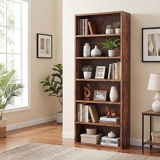 Tall Bookshelf with Adjustable Shelf, 6 Tier Storage Shelves, Rustic Brown
