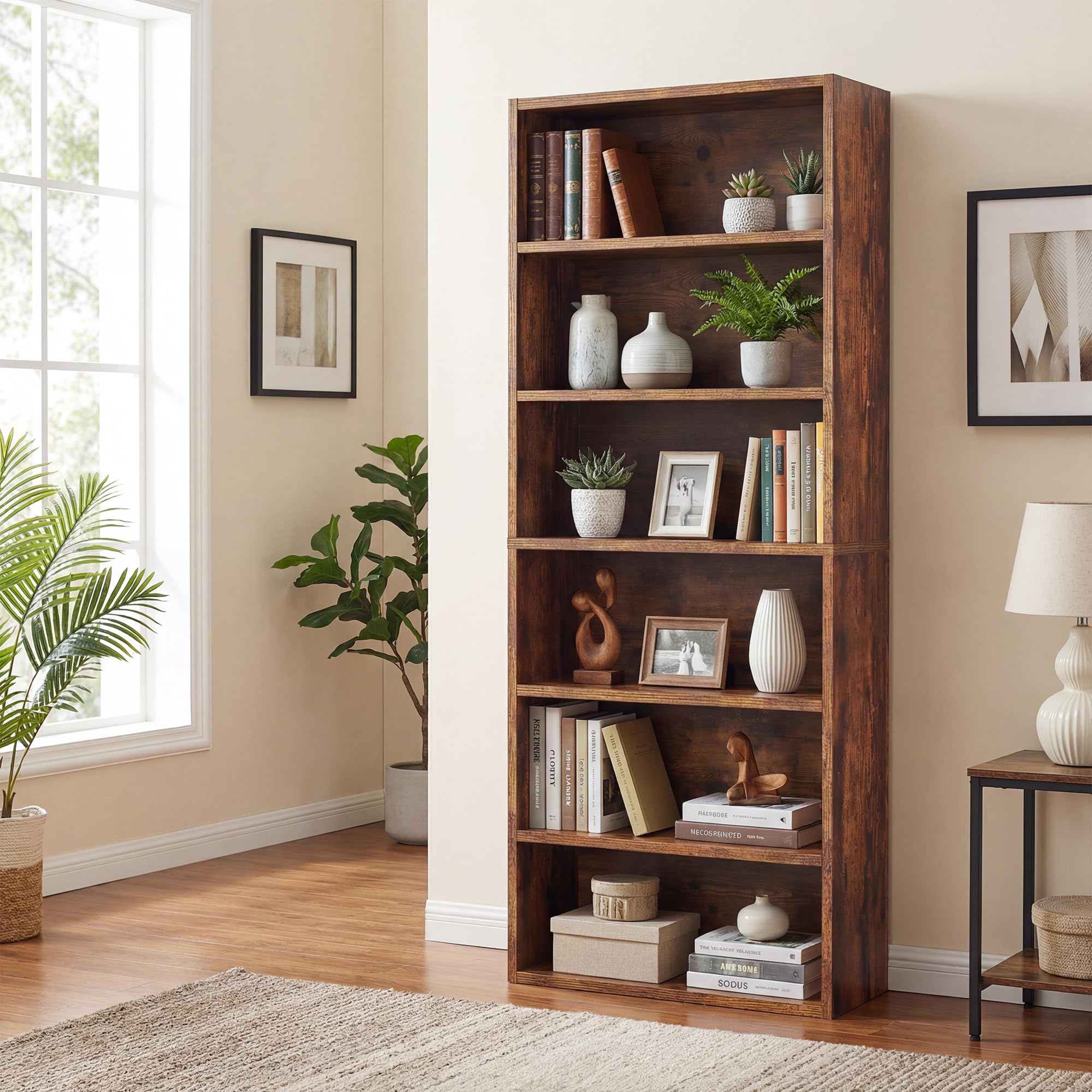 Photo 1 of ***STOCK PHOTO FOR REFERENCE ONLY***Alpen 6 Tier Bookshelf, 63 Inch Tall Display Storage Shelves, Floor Standing Wood Shelves with Adjustable Shelf and Anti-Toppling Kits, Modern Open Bookshelf for Bedroom, Home Office, Rustic Brown