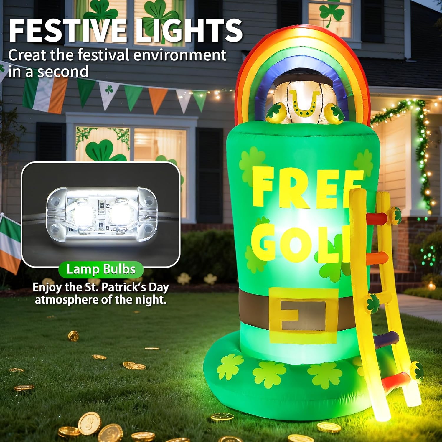 St Patricks Day Inflatables Outdoor Decorations, 6FT Inflatable Leprechaun Trap with Hat, Rainbow, Gold Pot & Ladder, St Patrick's Day Catch A Leprechaun Blow Up Yard Decor for Indoor Garden Lawn
