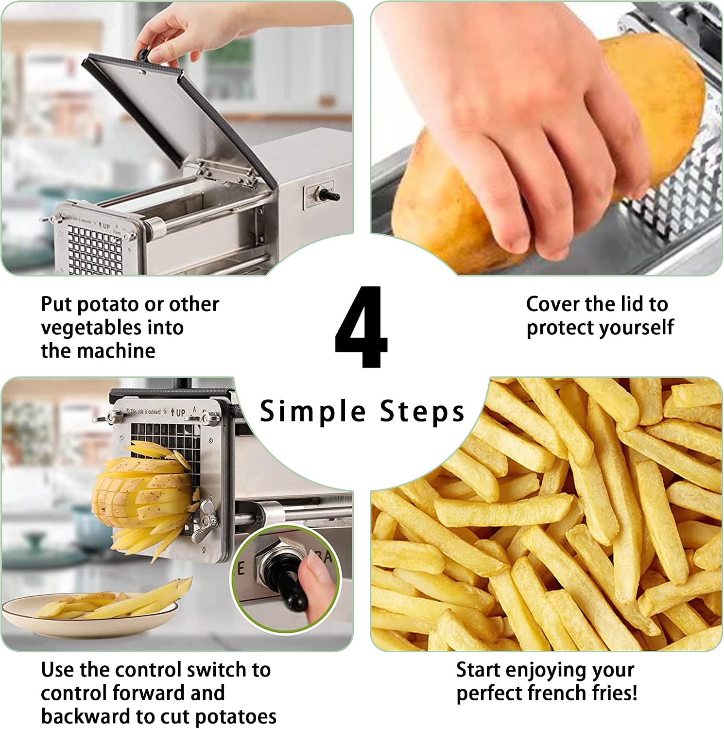 110V Electric French Fry Cutter with 4 Blades for Commercial Home,Potato Chip Cutter Machine Stainless Steel Electric Potato Cutter for Potatoes Carrots Cucumbers Fruits(Silver 4 Blades)