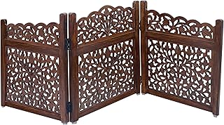 Wooden Foldable Pet Dog Safety Gate - 3 Panel 20" W x 24" H - Hand Carved Mahanadi Free Standing Portable Indoor Puppy Gate - Doorway Hall Stairs Dog Fence - Assembled - Brown - IRONGATE