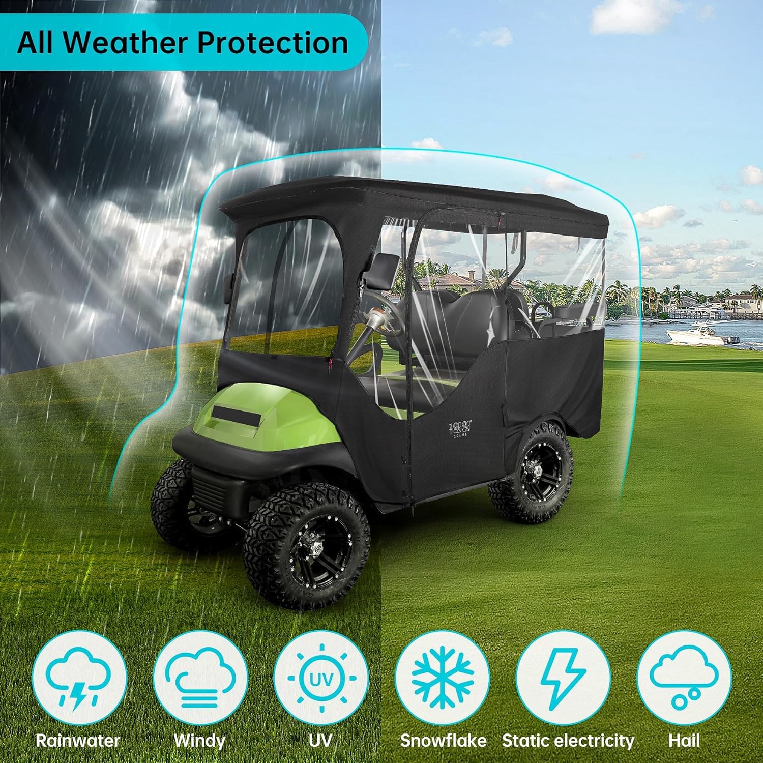 10L0L Golfwagen Abdeckung für 4 Passagier Club Car Precedent mit langem Dach bis zu 240 cm, 4-seitiges klares Fenster, 600D-Regenschutz, Allwetterschutz, winddicht, wasserdicht Golf Cart Abdeckung