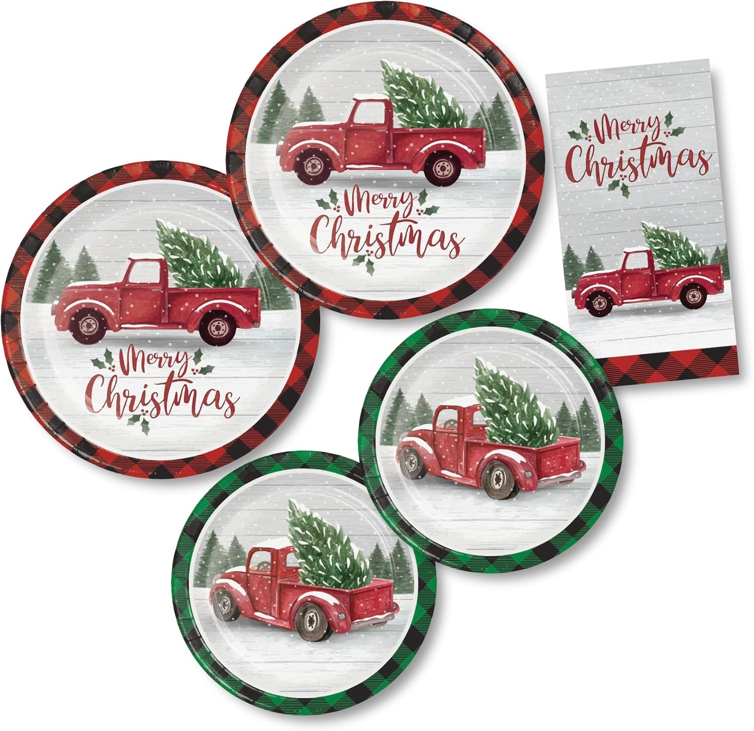 Creative Converting Red Truck Christmas Tree Party Supplies - Paper Plates, Dinner Napkins (48 Piece)
