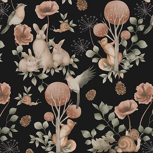 Heroad Papel tapiz bohemio para guardería, papel tapiz autoadhesivo con animales negros y rosados, papel de contacto lindo conejo, ardilla, pájaro,