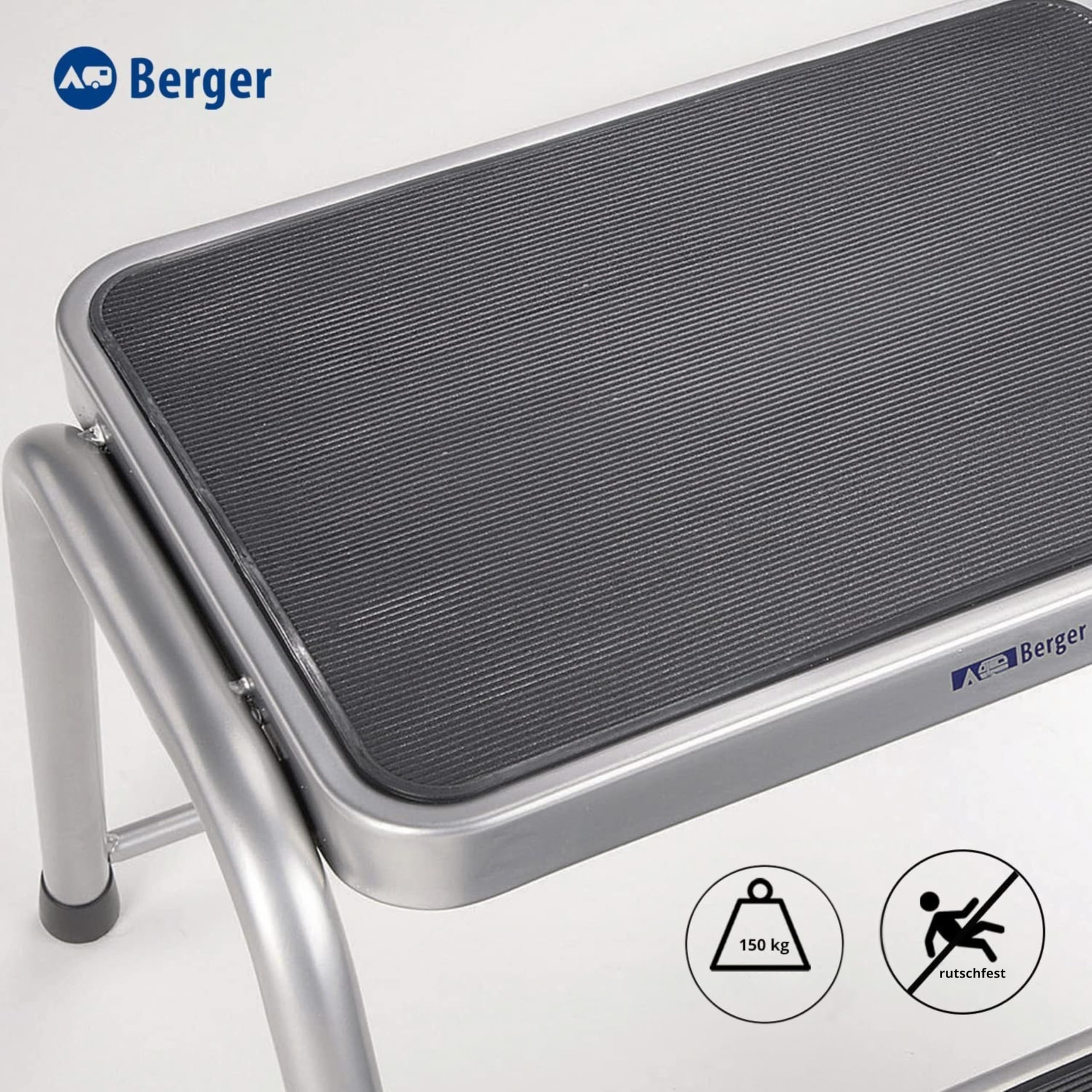 BERGER | Escalera Dos peldaños, Taburete 2 peldaños para Caravana, Peldaño Caravana, Escalon Autocaravana y Caravana, Taburete de Acero Plata/Negro escalón Antideslizante y Resistente