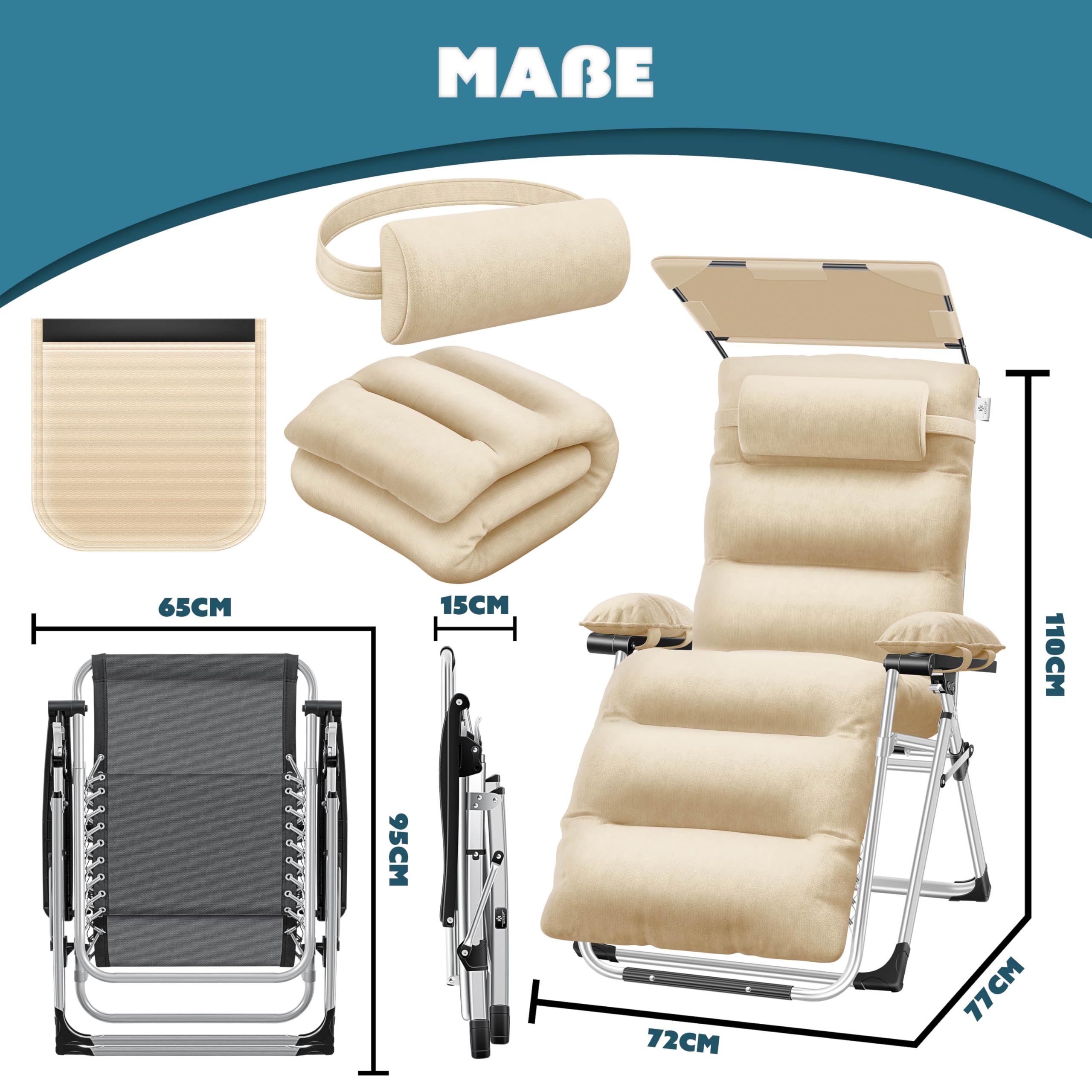 KESSER® Składany leżak ogrodowy XXL, odporny na warunki atmosferyczne, udźwig 200 kg, ergonomiczna poduszka, regulowane oparcie z poduszką pod kark, uchwyt na kubek i wyściółka do