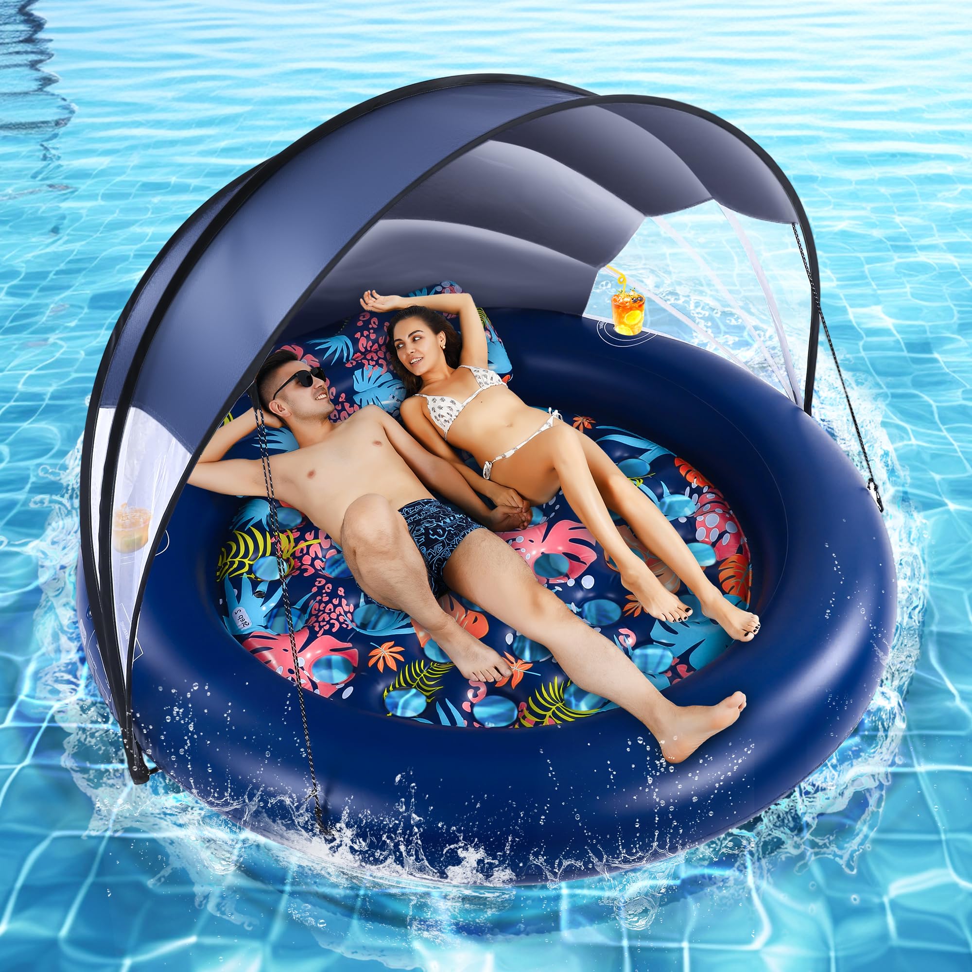 Photo 1 of 2-Person Pool Floats Adult Heavy Duty, Giant 75"X75" Inflatable Tanning Pool Mats with Canopy, Cup Holders, Detachable Headrest, Multi-Purpose Water Lounger for Pool Party, Lake, Beach, River, Outdoor