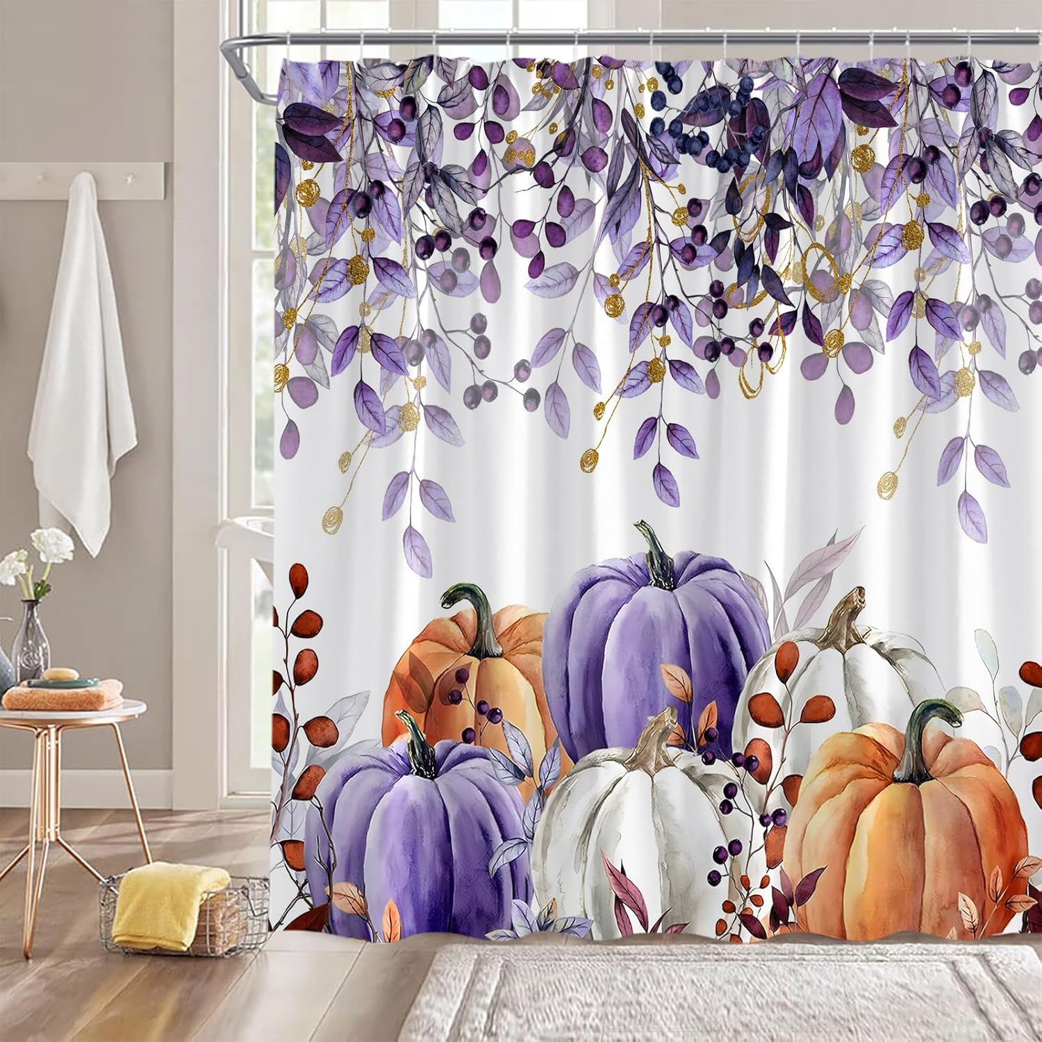 Fall Pumpkin Shower Curtain Thanksgiving Autumn Maple Leaves Harvest Orange Pumpkins Seasonal Purple 70" Wx84 H Fabric Bathroom Decor Curtain with Hooks