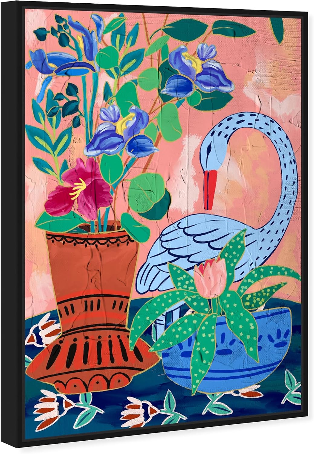Oliver Gal Artist Co. Floral and Botanical, Canvas Wall Art, "Colorful swan flower garden" Ready to Hang Living Room, Bedroom and Bathroom Home Décor, 54.0 x 36.0, Orange, Framed Canvas Art