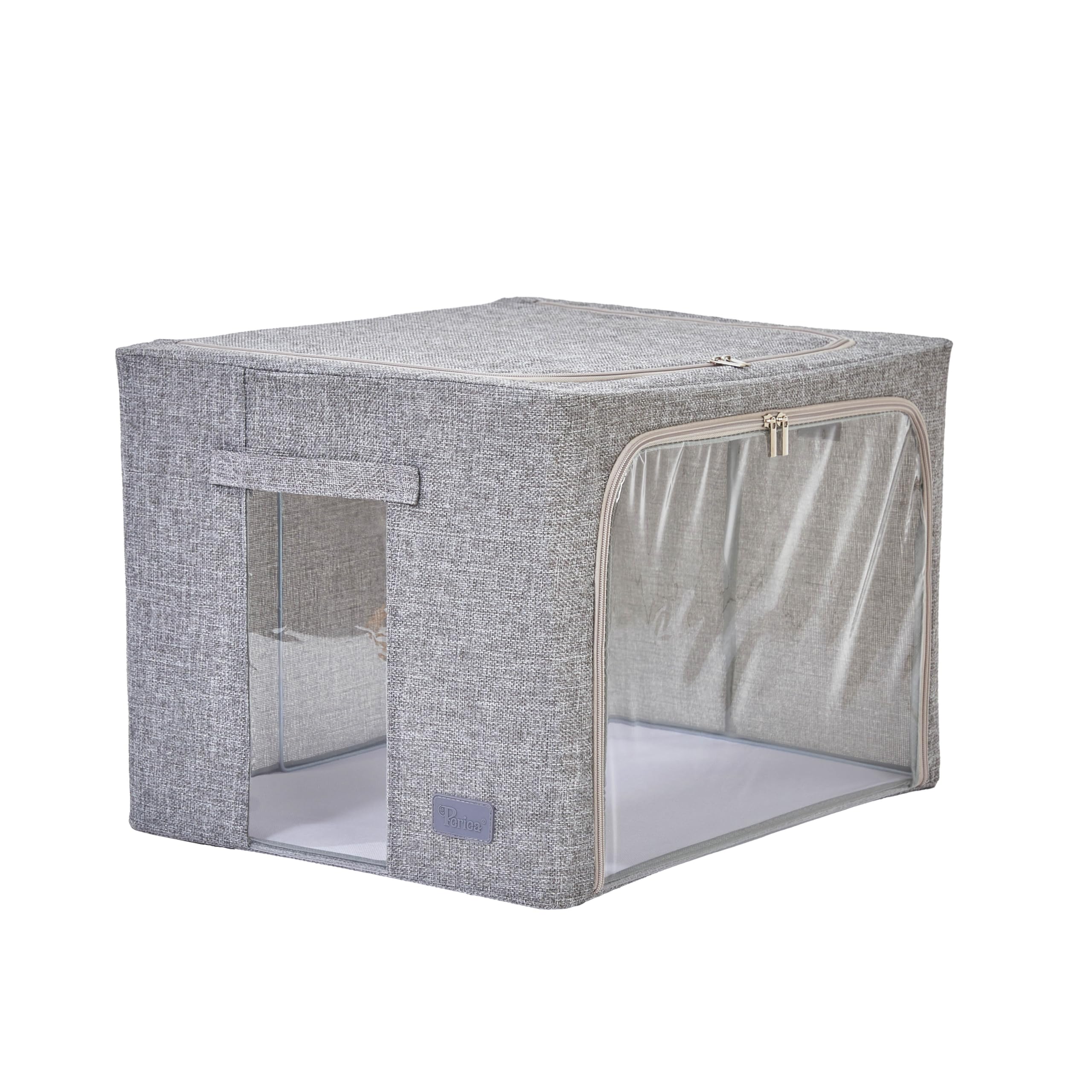 Periea ‘Beau’ Folding Collapsible Stackable Fabric Home Storage Boxes with Steel Frames (Grey Hemp, Large)