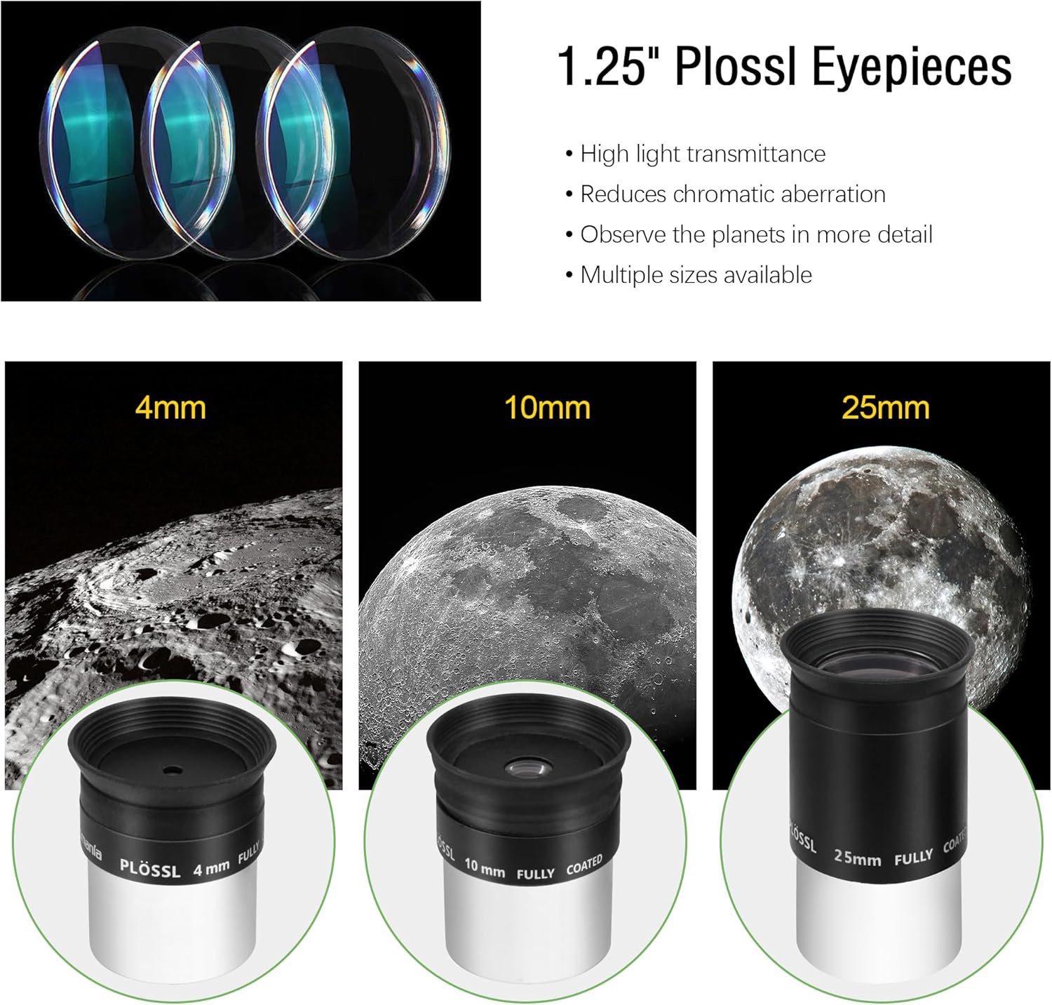 Astromania Multi Coated 1.25-Inch Plossl Eyepieces(4mm, 10mm, 25mm) with 2X Barlow Astronomical Telescope Accessory Kit - Bundle with - 1.25" 90-Degree Erecting Prism