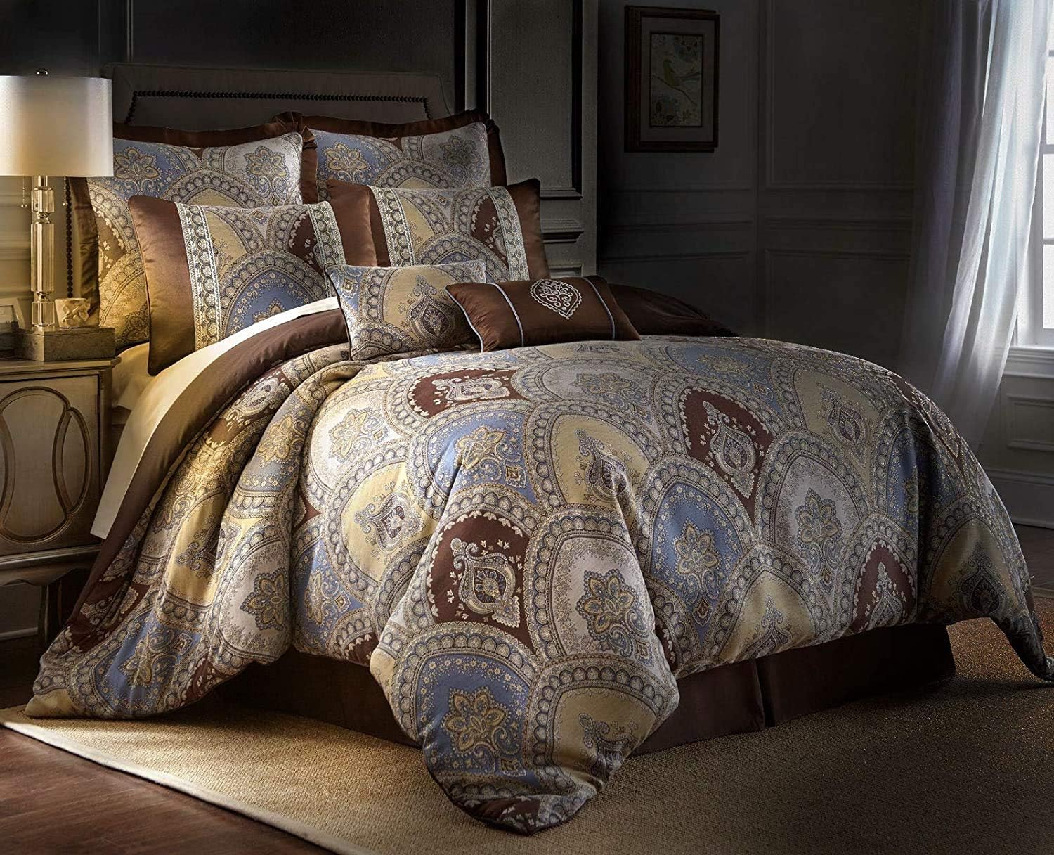 Venetian 8-Piece Oversized California King Bedding Set Medallion Floral Jacquard Comforter Set California King