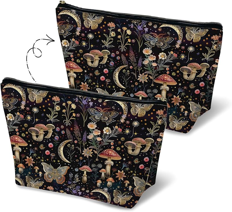 Necessaire de maquiagem MKGRXZCW com estampa de cogumelo gótico, borboleta e flores, 20,07 x 19,05 cm