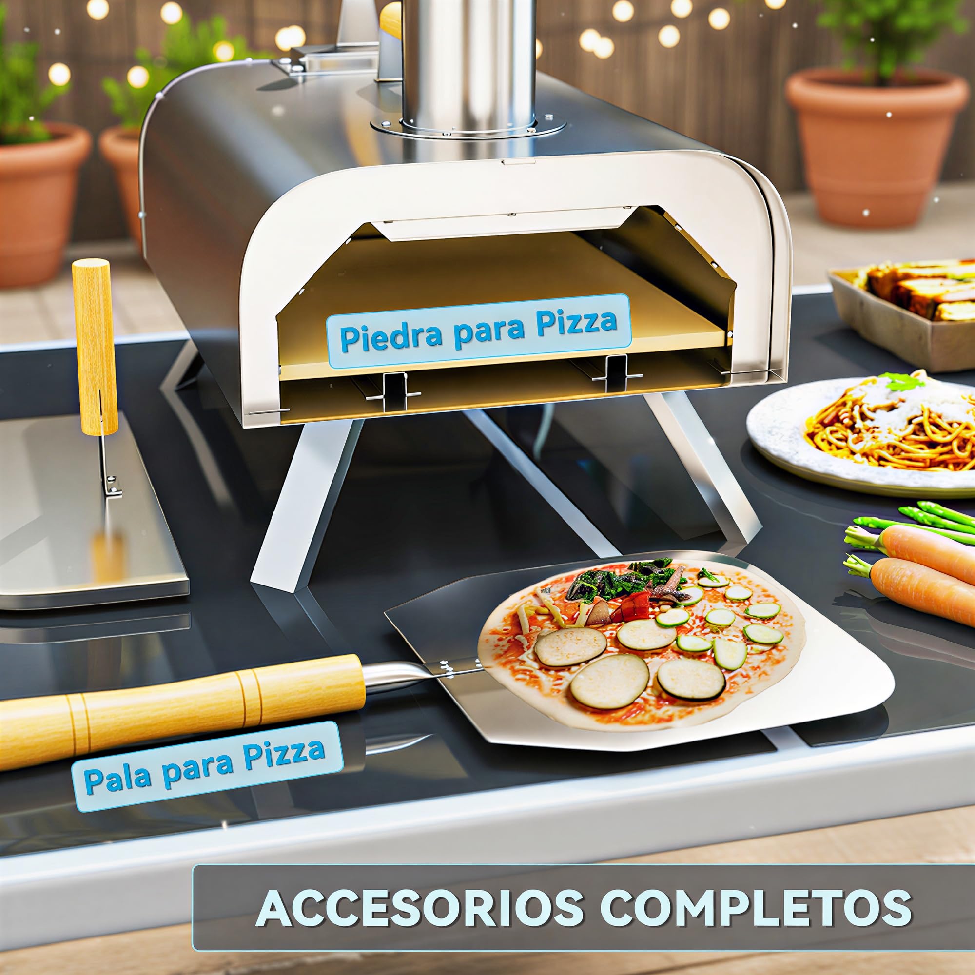 Outsunny Mini Horno de Pizza Exterior Portátil de Acero Inoxidable con Piedra Refractaria y Pala, Horno de Leña con Patas Plegables, Mangos de Madera, Termómetro y Bandeja para Jardín Terraza Camping