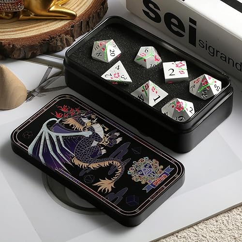 Miniatura 8 de DNDND - Juego de 7 dados de metal para DND, juego de 7 dados metálicos que brillan en la oscuridad con caja de regalo para juego de mesa de