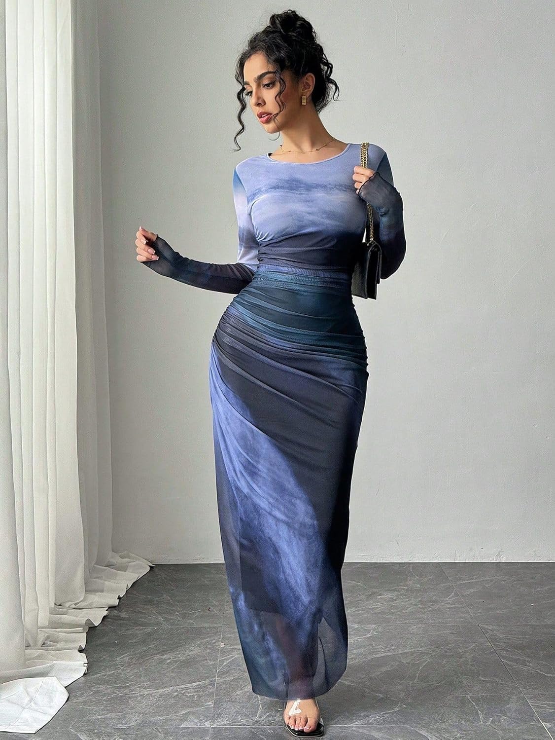 LIGHT DOT Women's Printed Bodycon Maxi Dress Long Sleeve Tie Dye Mesh Ruched Cocktail Dress - Image 3