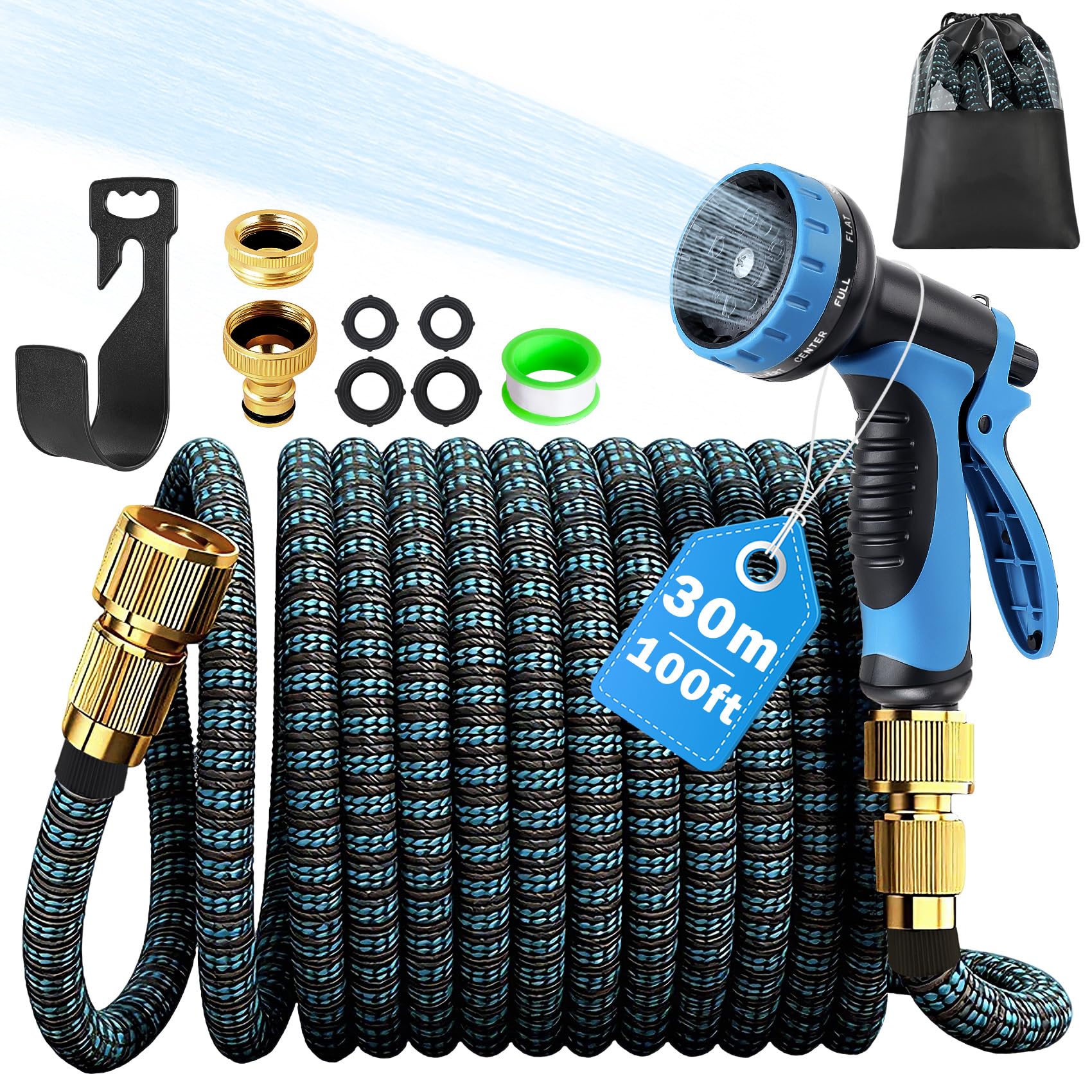 Expandable Garden Hose - Upgraded 3-Layer Latex Hose Pipe 100ft 30m Leak-Proof, Expanding Hose with Spray Gun,Stretchy Magic Hose with Fittings,No-Kink Flexible Water Hose for Garden,Pet & Car Cleaing