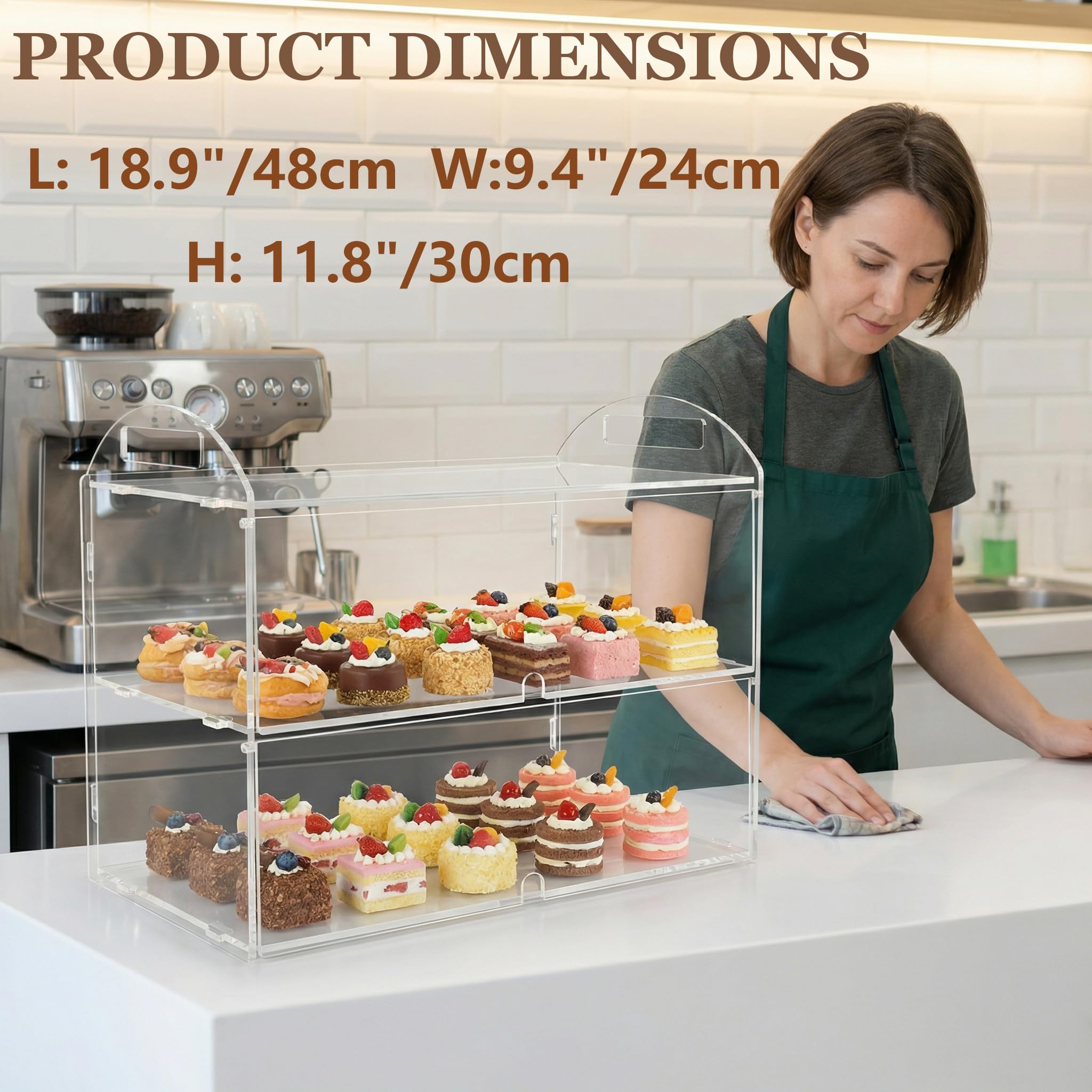 Vetrina per pasticceria a 2 livelli con manico, 48 x 24 x 30 cm, espositore per pasticceria commerciale, in acrilico trasparente, per dessert, ciambelle, ciambelle, torte e biscotti