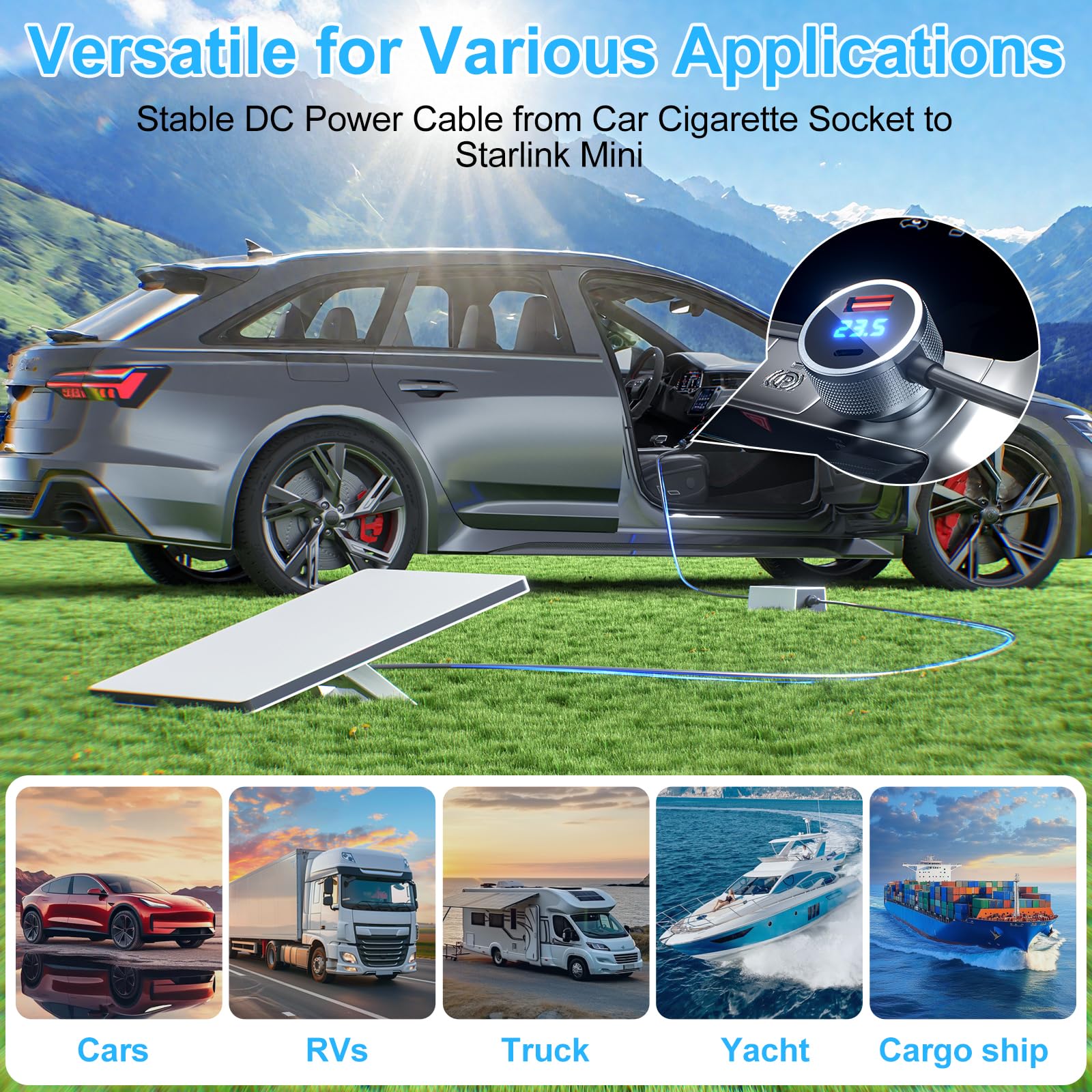 Starlink Mini adattatore da auto, 3 in 1 Starlink mini caricabatteria da auto 12 V-24 V a 36 V, convertitore Step Up cavo di alimentazione CC con display digitale, resistente USB C PD 45 W e