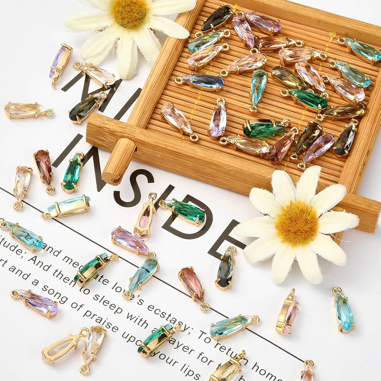 UR URLIFEHALL 50 Pcs Mixed Color Faceted Transparent Glass Teardrop with Flower Framed Charms Pendants for DIY Jewelry Making