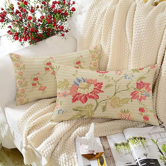 BRICK HOME Floral Printed Cotton Canvas Cushion Covers Set of 2 (12 X 18 Inches)