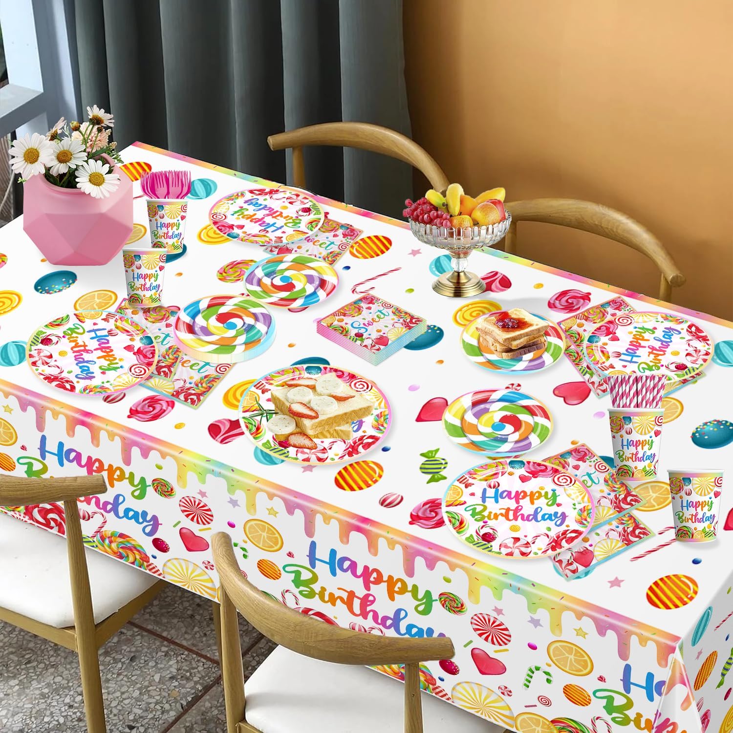 cocomigo 201Pcs Candyland Party Decorations Tableware Set Serves 25 Guests, Candyland Birthday Decorations Include Banner, Plates and Tablecloth Etc, Candyland Supplies for Sweet Birthday Party