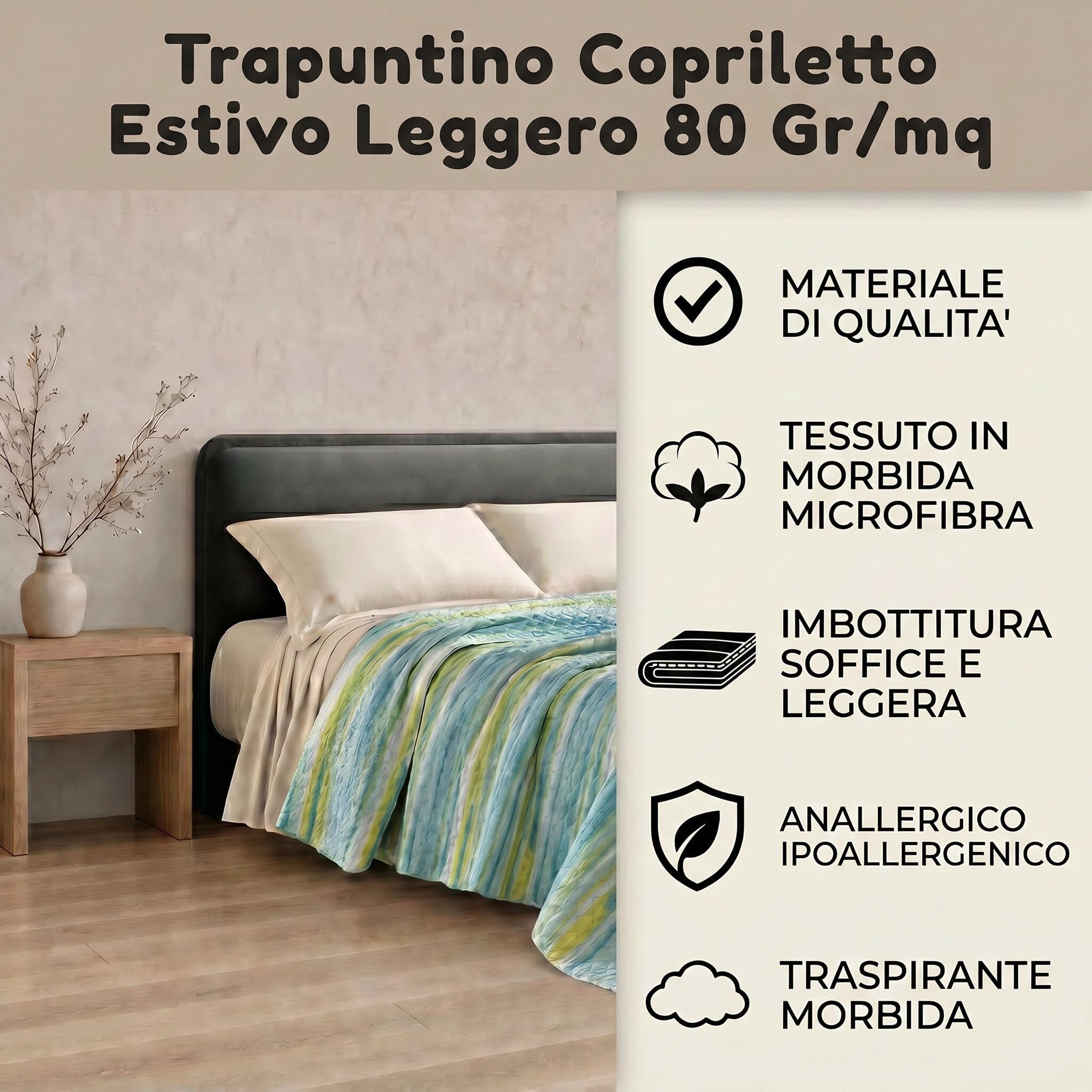 Riad Arredo Trapuntino Piazza e Mezzo Primaverile Estivo Morbida Microfibra 210x250 cm - Copriletto Trapuntato Leggero Delicato Traspirante Anallergico - Line Akua