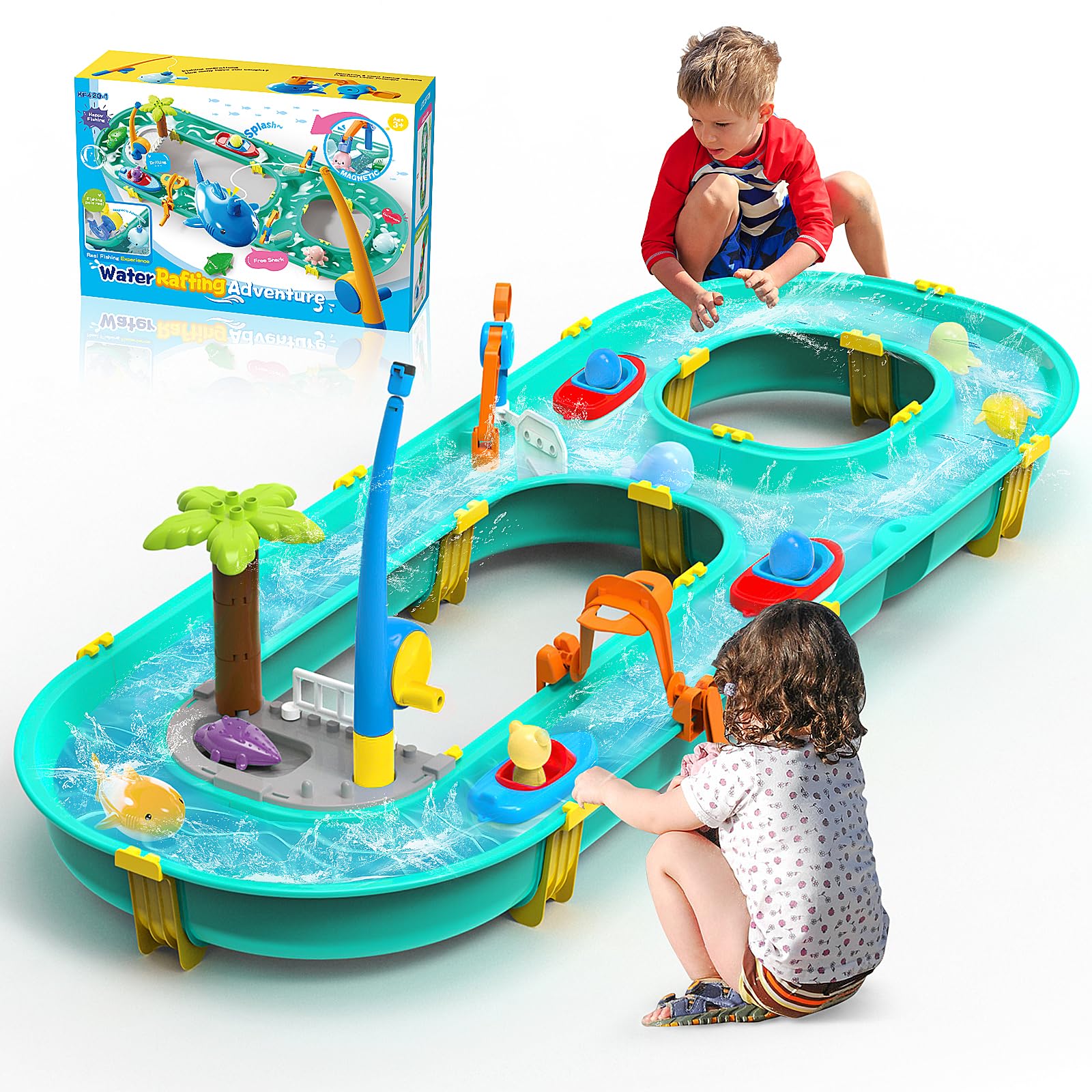 Gerbala Mesa de Agua para Niños +3 Años – Juguete Acuático con Canal de Agua para Exterior, Incluye 6 Figuras de Animales, 2 Barcos y Caña de Pescar – Ideal para Balcón, Playa y Jardín
