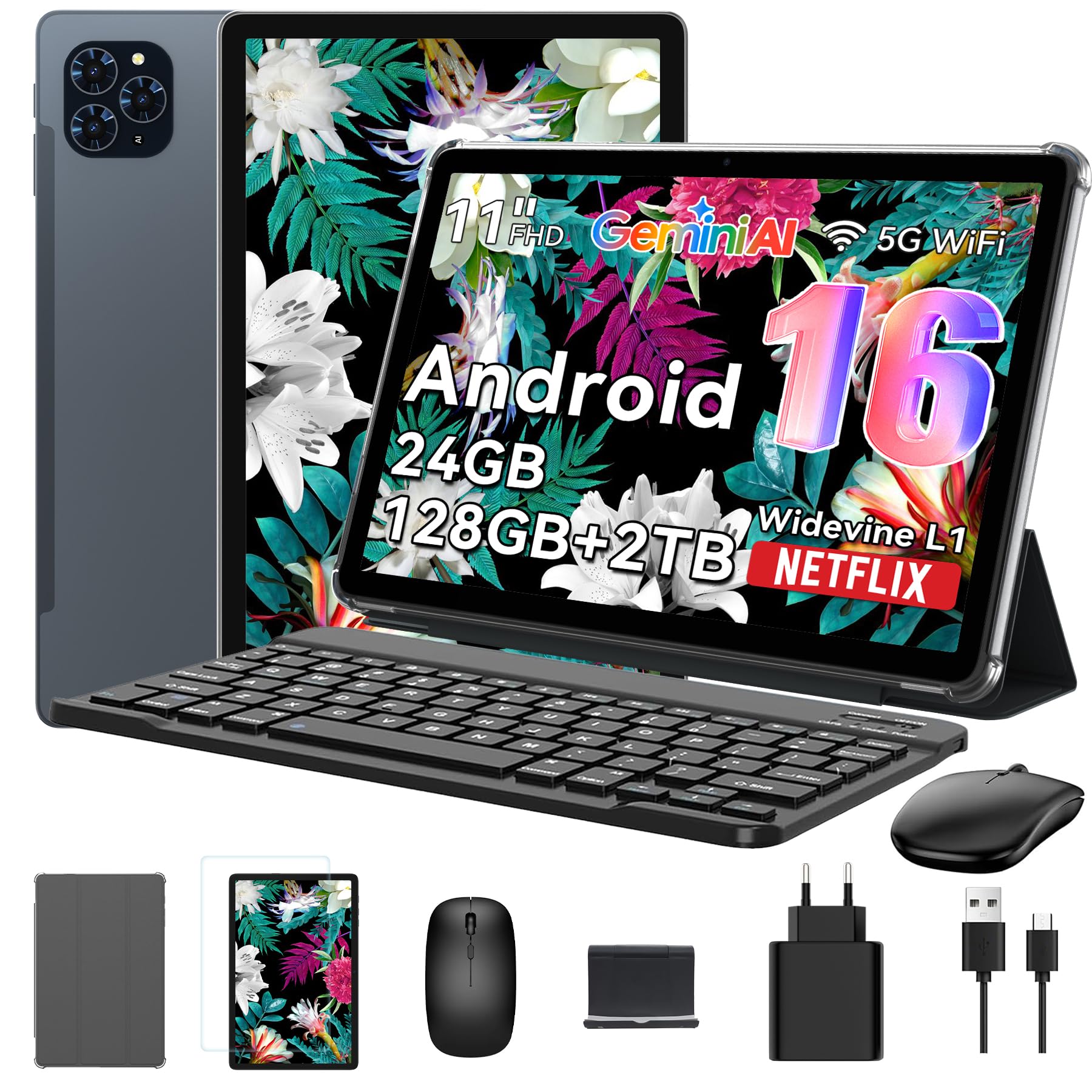TABWEE Android 16 Tablet con Tastiera e Penna, Gemini AI, Display FHD da 11 Pollici, 24GB RAM + 128GB RAM/ 2TB TF, 13MP, 8000mAh, Widevine L1, 5G WiFi, GPS, Face ID, Tablet in Offerta