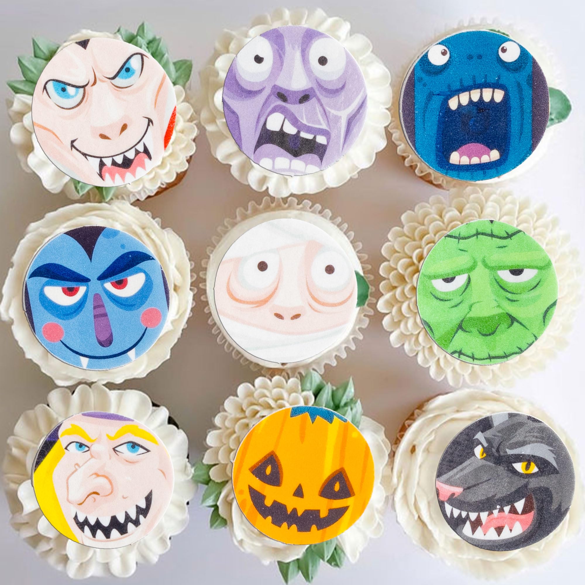 Gyufise 54Pcs Edible Halloween Horror Face Cupcake Toppers Wafer Paper Pumpkins Ghost Black Cats Cupcake Picks Trick or Treat Cupcake Toppers for Halloween Eve Theme Party Green Purple