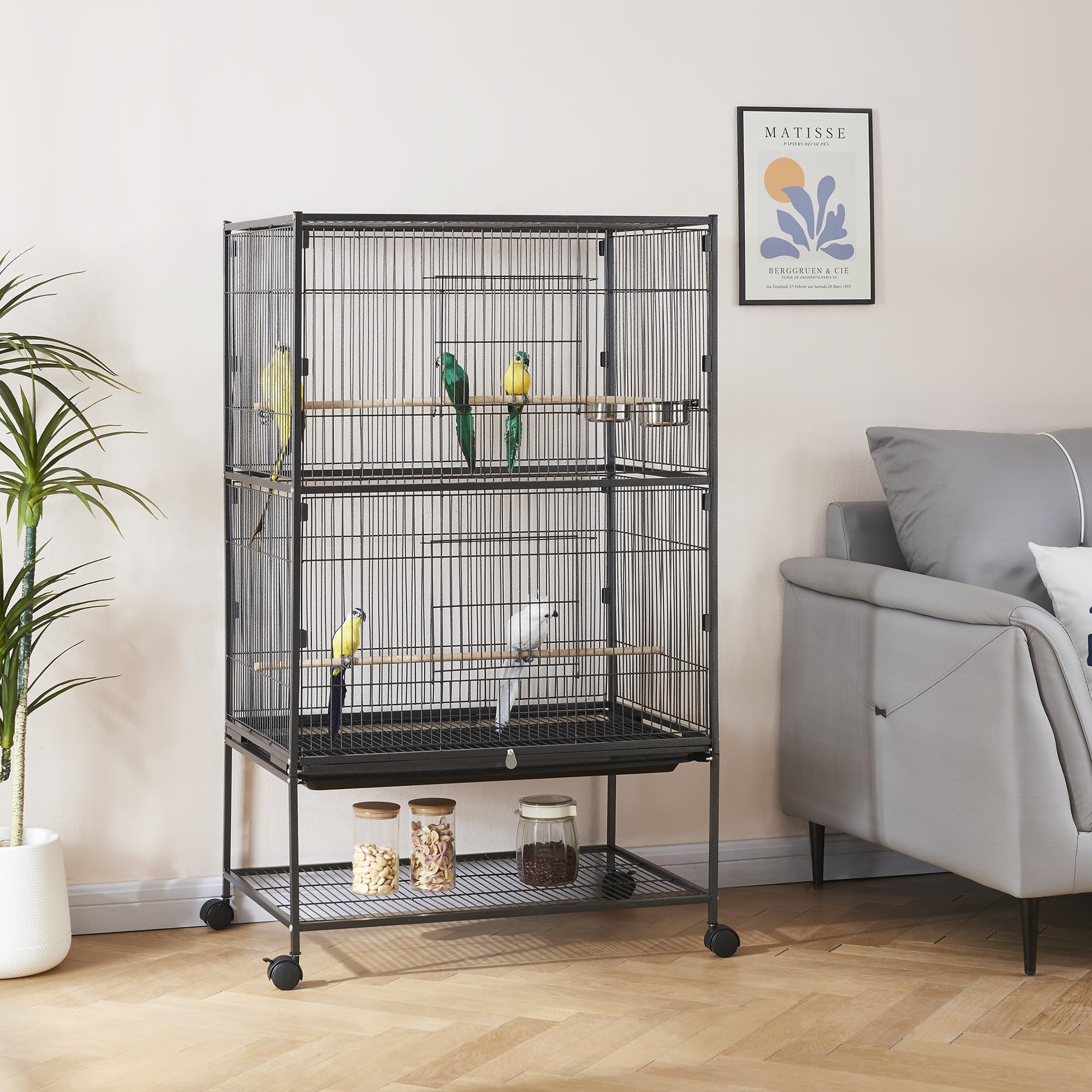 Panana Large Bird Cages Parrot Cage Wide Flight Metal Animal Cage for Budgie Parakeet Conure With Rolling Stand Wheels (Black, 62L x 43W x 136H) — view 13