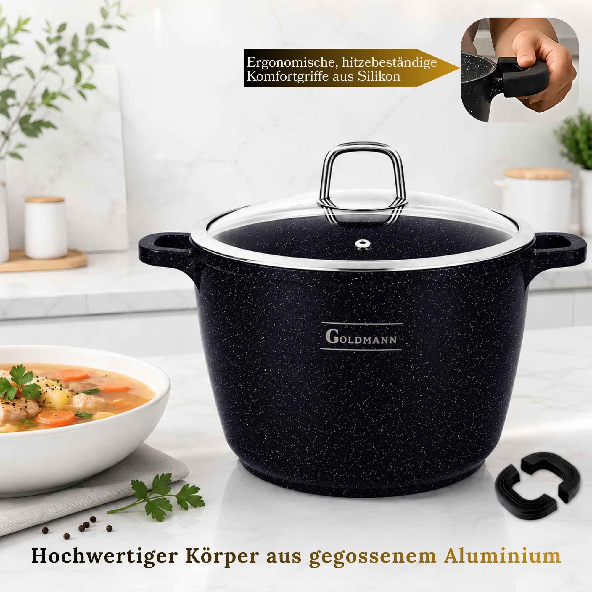 GOLDMANN Kochtopf Aluguss/Suppentopf, 28 cm, 10L, antihaftbeschichtete Keramik in Marmoroptik, Glasdeckel, geeignet für Induktion und alle Herdarten, ofenfest und PFOA-frei