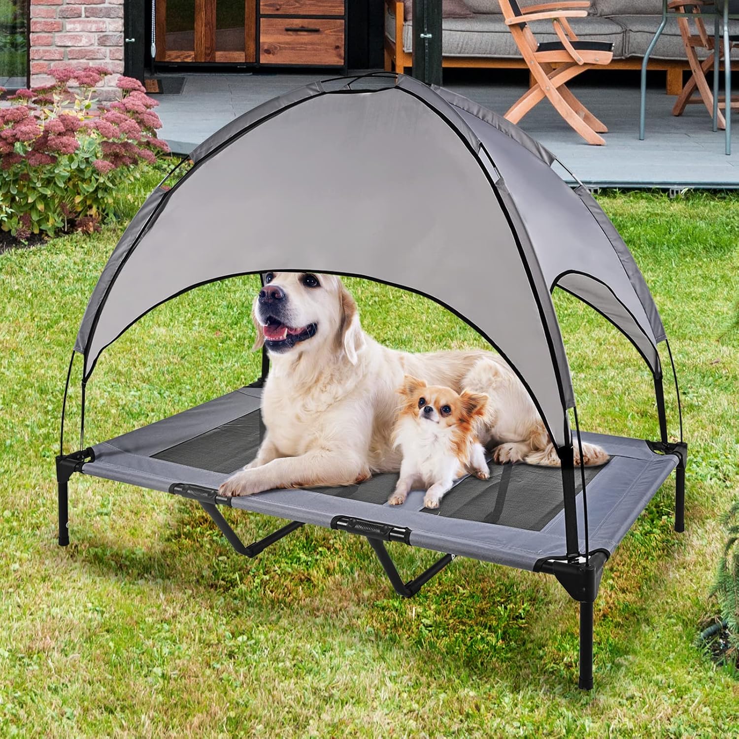 OLSAGO Elevated Dog Bed with Canopy, Portable Raised Pet Cot for Camping or Beach, Removable Canopy, Durable 1680D Oxford Fabric Raised Mesh Cot, Breathable Cooling Outdoor Dog Bed (Large, Brown)