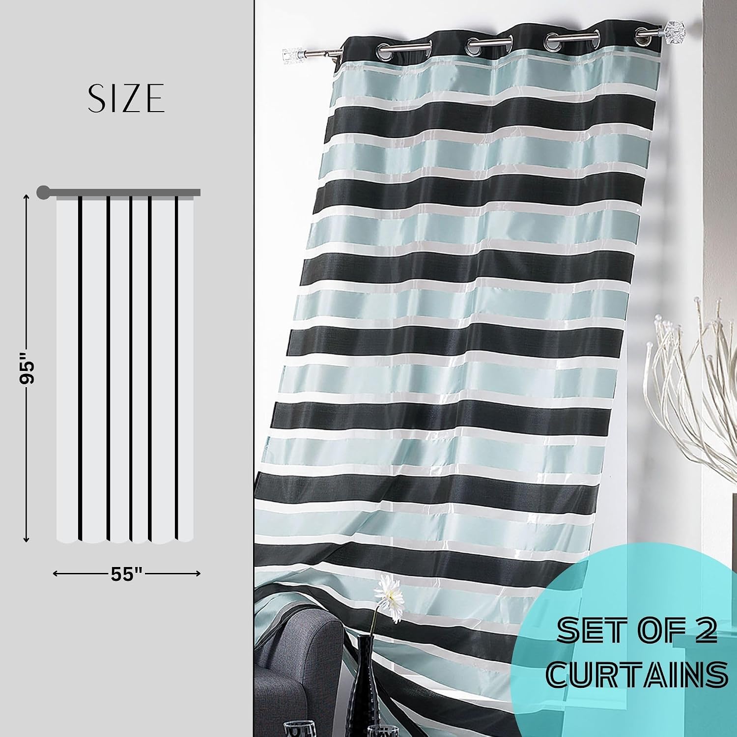 Set of 2 Striped Sheer Curtain Panels - Black and Blue Gray, Light-Filtering Drapes for Modern Home Décor, 95 x 55 Inches