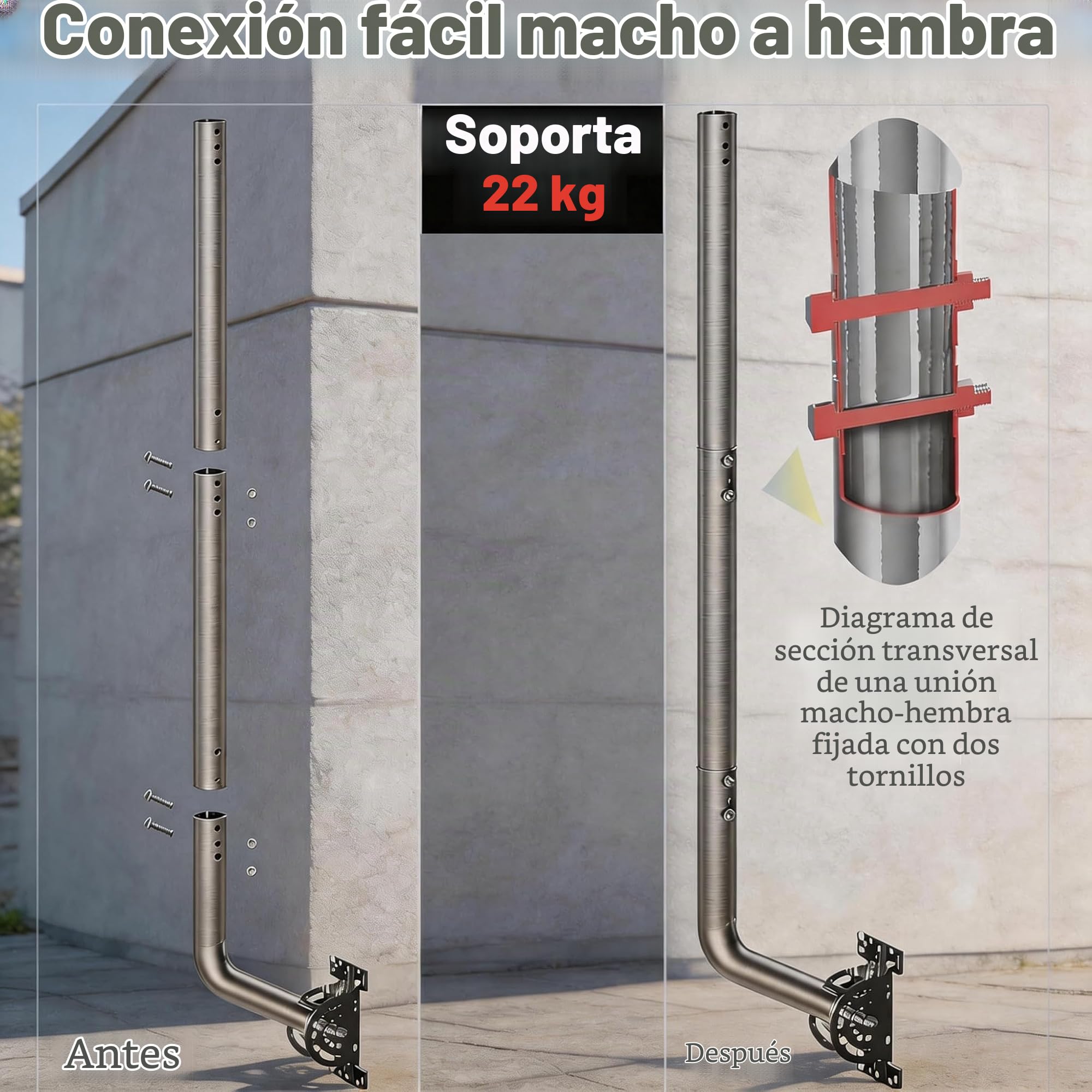 Soporte de Pared para Antena de 134 cm, mástil de Antena en Forma de J de Acero Inoxidable 430 Ø3,5 cm, Compatible con Star Link, Antena de TV, WiFi y estación meteorológica