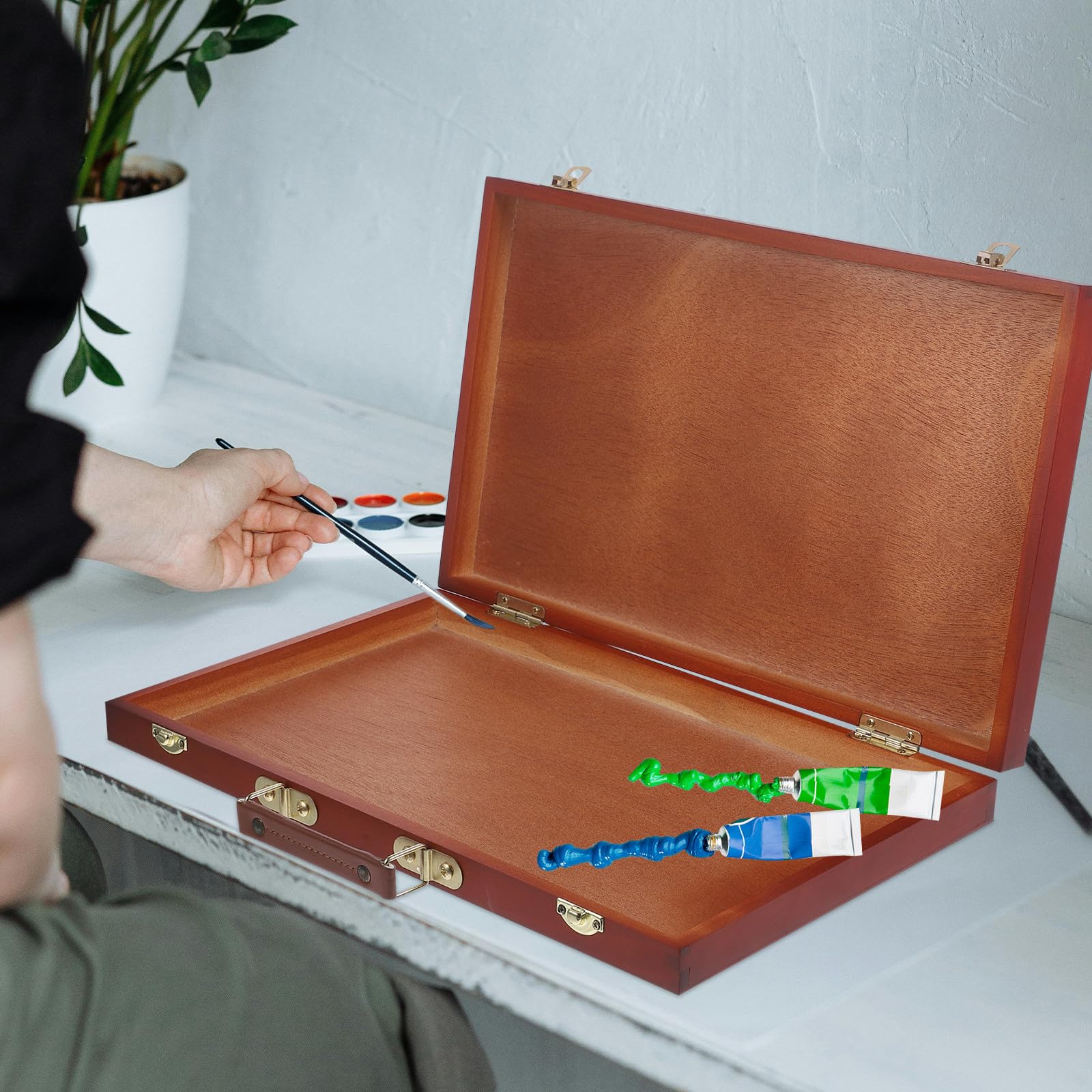 Caja de Herramientas de Arte Portátil de Madera de Nogal Asa, Estuche Vacío para Bolígrafos y Pigmentos, Caja de Almacenamiento para Pinturas y Accesorios de Dibujo, Uso Artístico