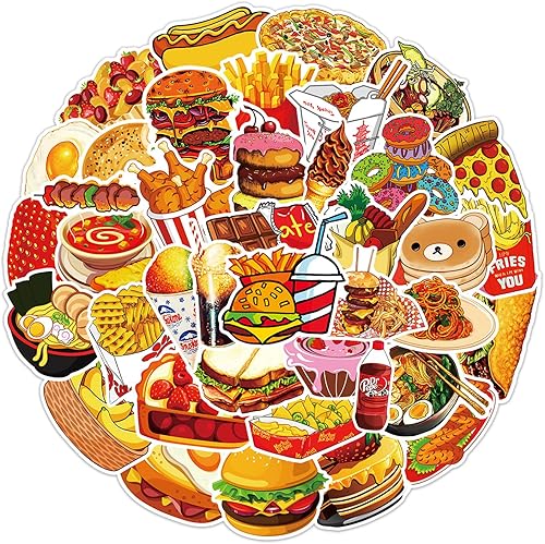 Calcomanías de comida, 50 unidades, lindas calcomanías de comida rápida, chips de hamburguesa, deliciosas calcomanías estéticas impermeables para