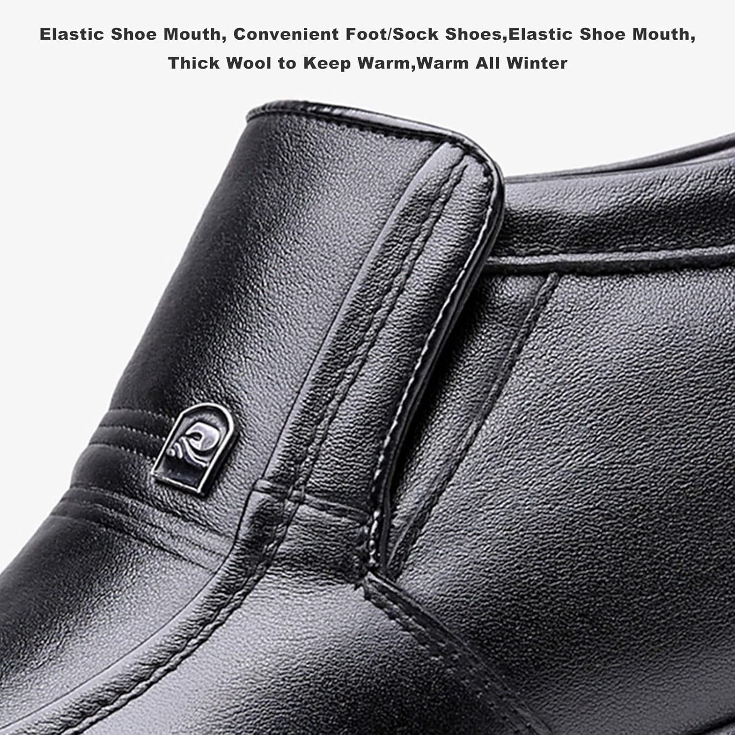 【品質良い 大好評中 】黒人男性の冬の革の靴、フラットシューズの暖かいブーツ、茶色のビジネスシューズ、ウールの綿の靴 革、靴下の靴、靴ひもなし,Black- 水に強い