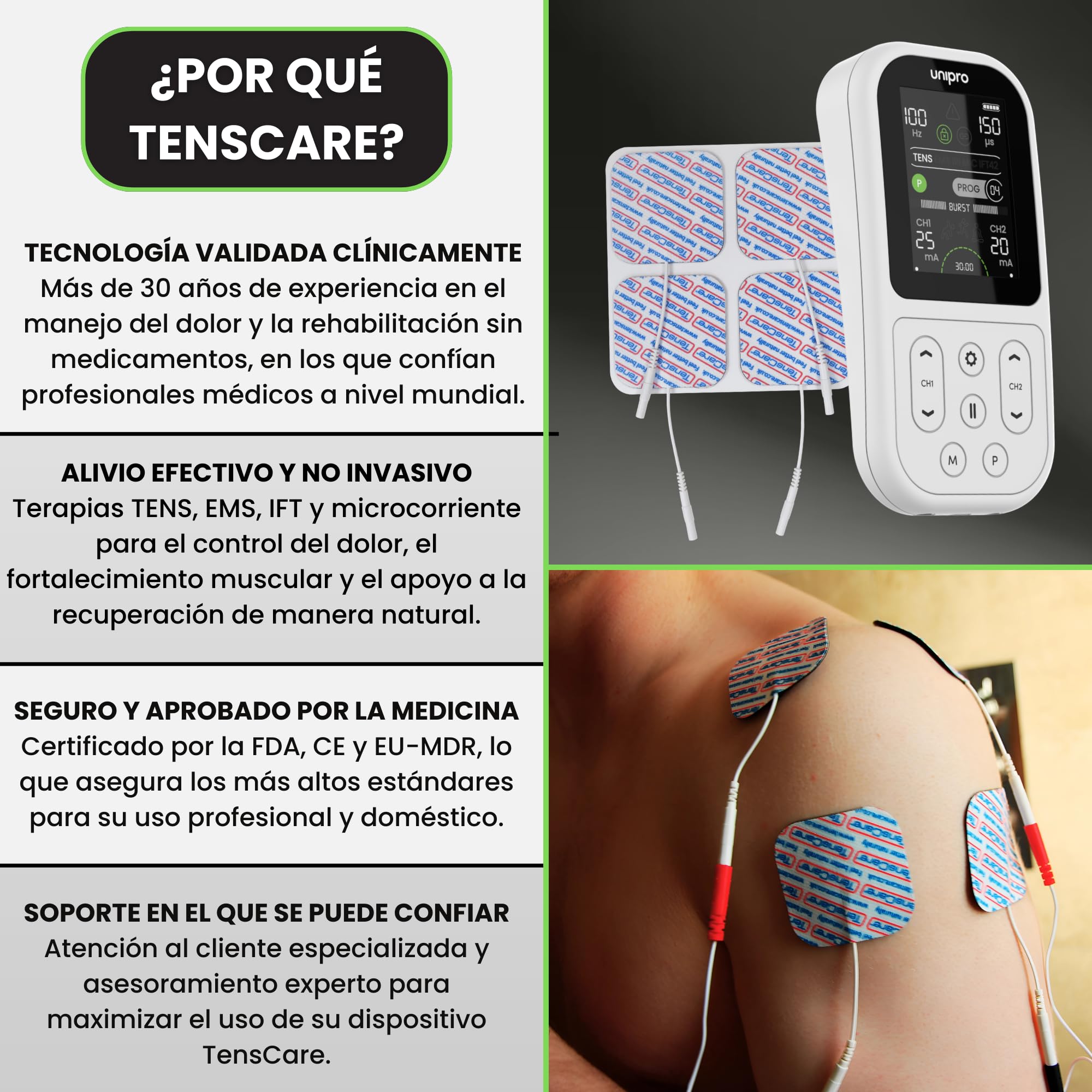 TensCare Unipro +16 Electrodos 4 en 1 TENS EMS IFT | Incluye 16 electrodos para alivio del dolor, microcorriente, fisioterapia y fortalecimiento muscular.